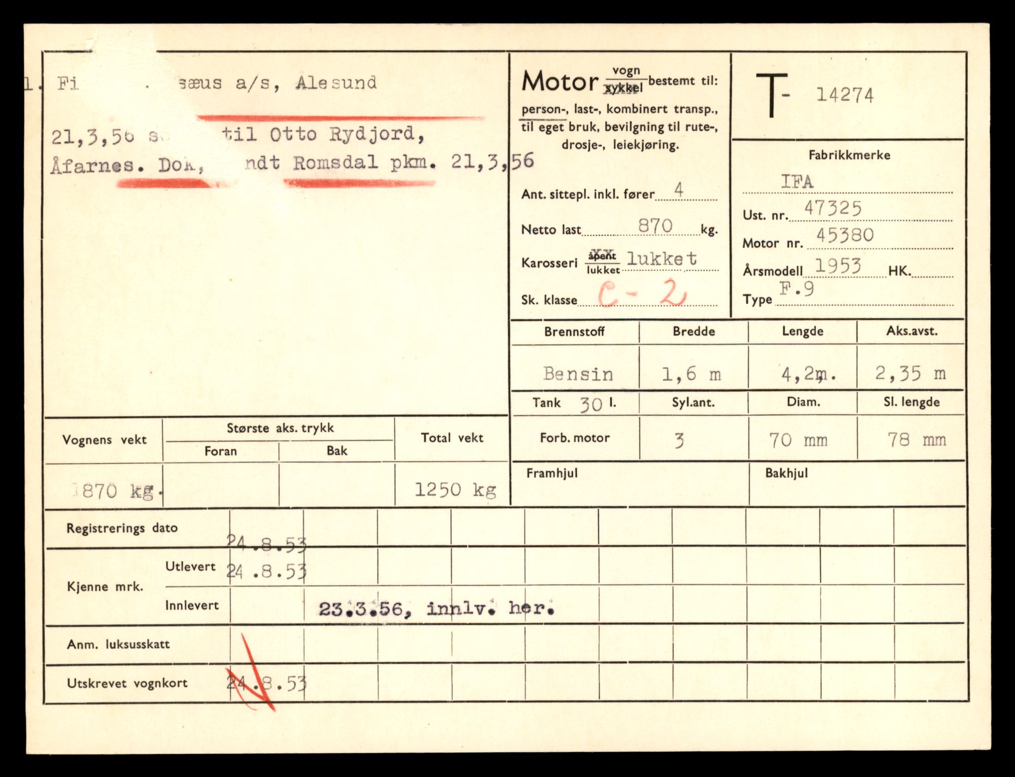 Møre og Romsdal vegkontor - Ålesund trafikkstasjon, AV/SAT-A-4099/F/Fe/L0044: Registreringskort for kjøretøy T 14205 - T 14319, 1927-1998, s. 2027