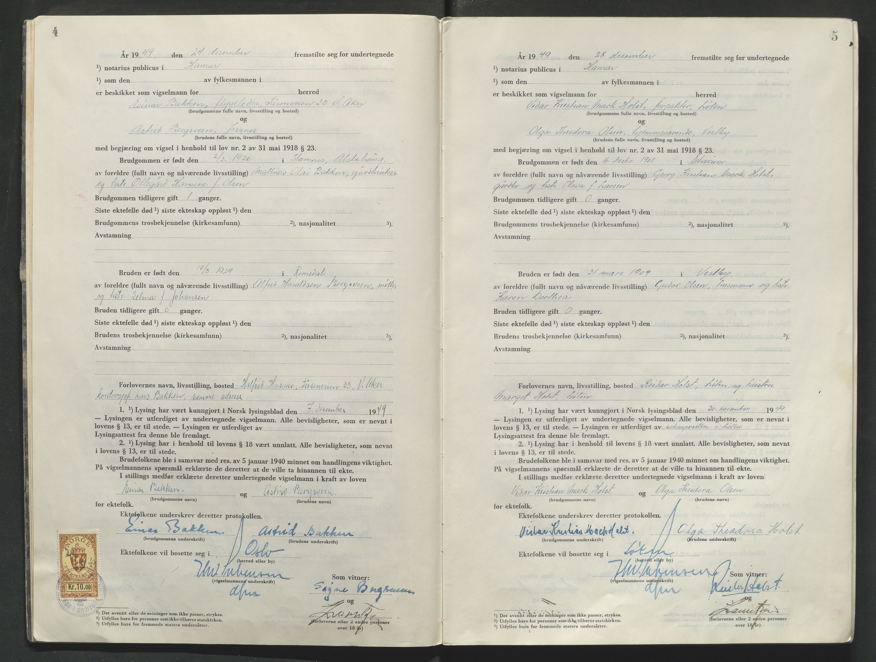 Sør-Hedmark sorenskriveri, AV/SAH-TING-014/L/Le/L0002/0003: Vigselsbøker / Vigselbok, 1949-1954, s. 4-5