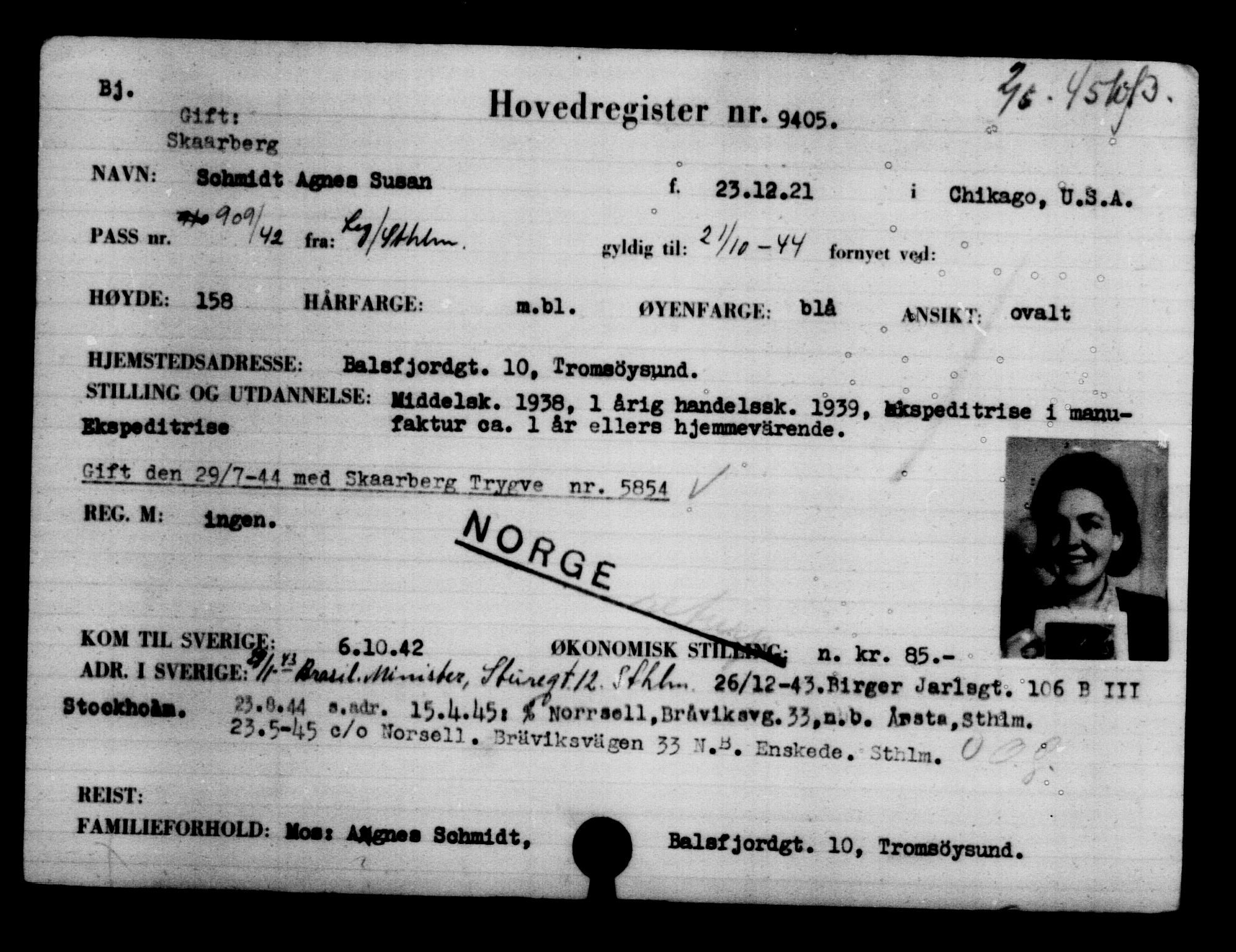 Utenriksstasjonene, Legasjonen i Stockholm, Flyktningkontoret, AV/RA-S-6753/V/Va/L0005: Kjesäterkartoteket, flyktning nr. 6600-9417, 1940-1945, s. 3301