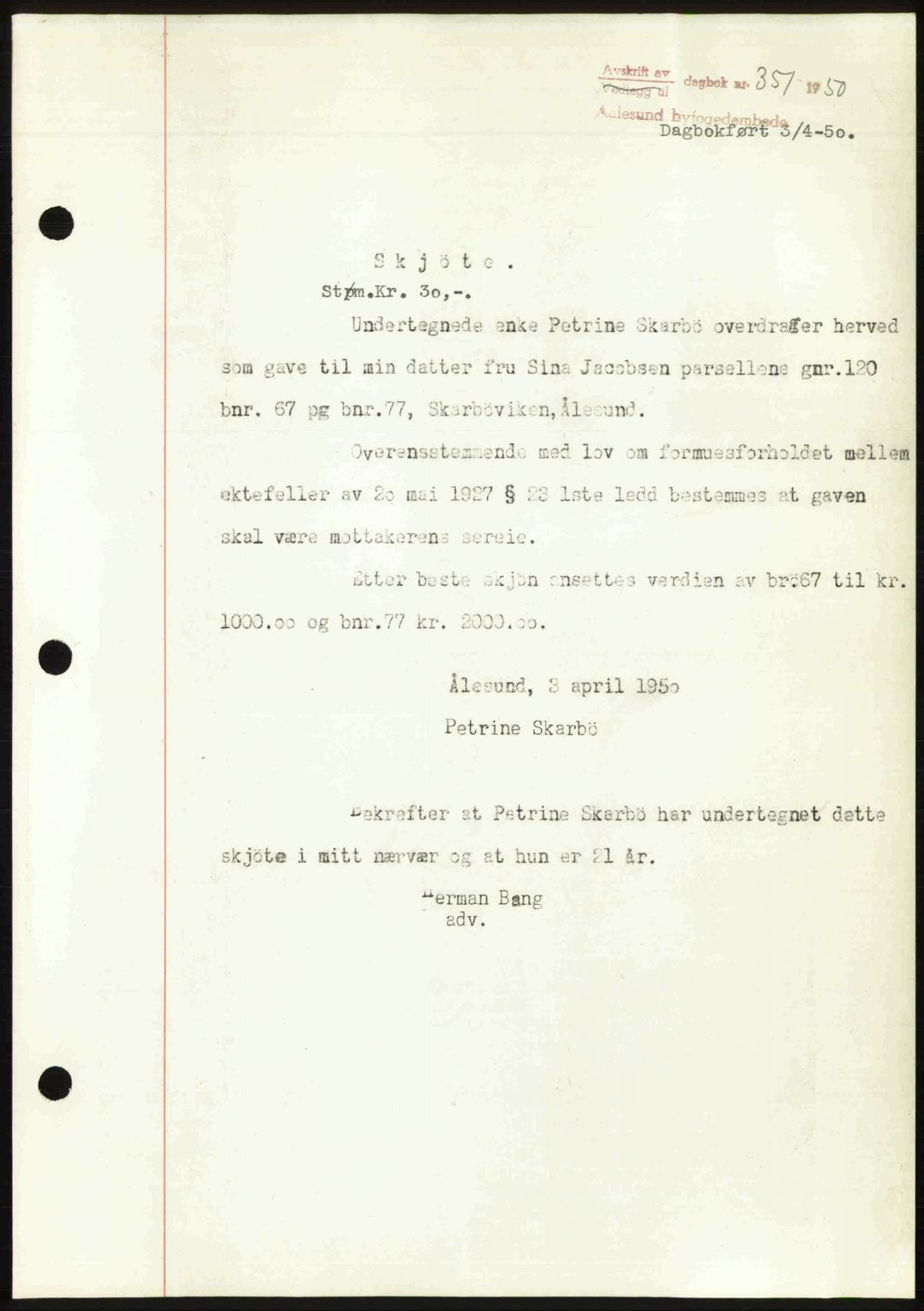 Ålesund byfogd, AV/SAT-A-4384: Pantebok nr. 37A (2), 1949-1950, Dagboknr: 351/1950