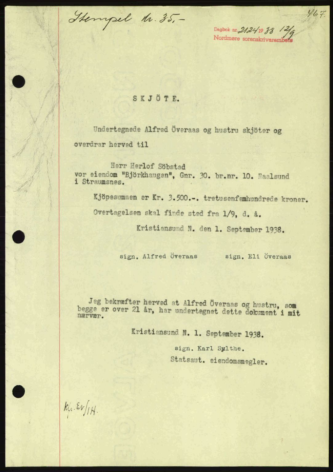 Nordmøre sorenskriveri, SAT/A-4132/1/2/2Ca: Pantebok nr. A84, 1938-1938, Dagboknr: 2124/1938