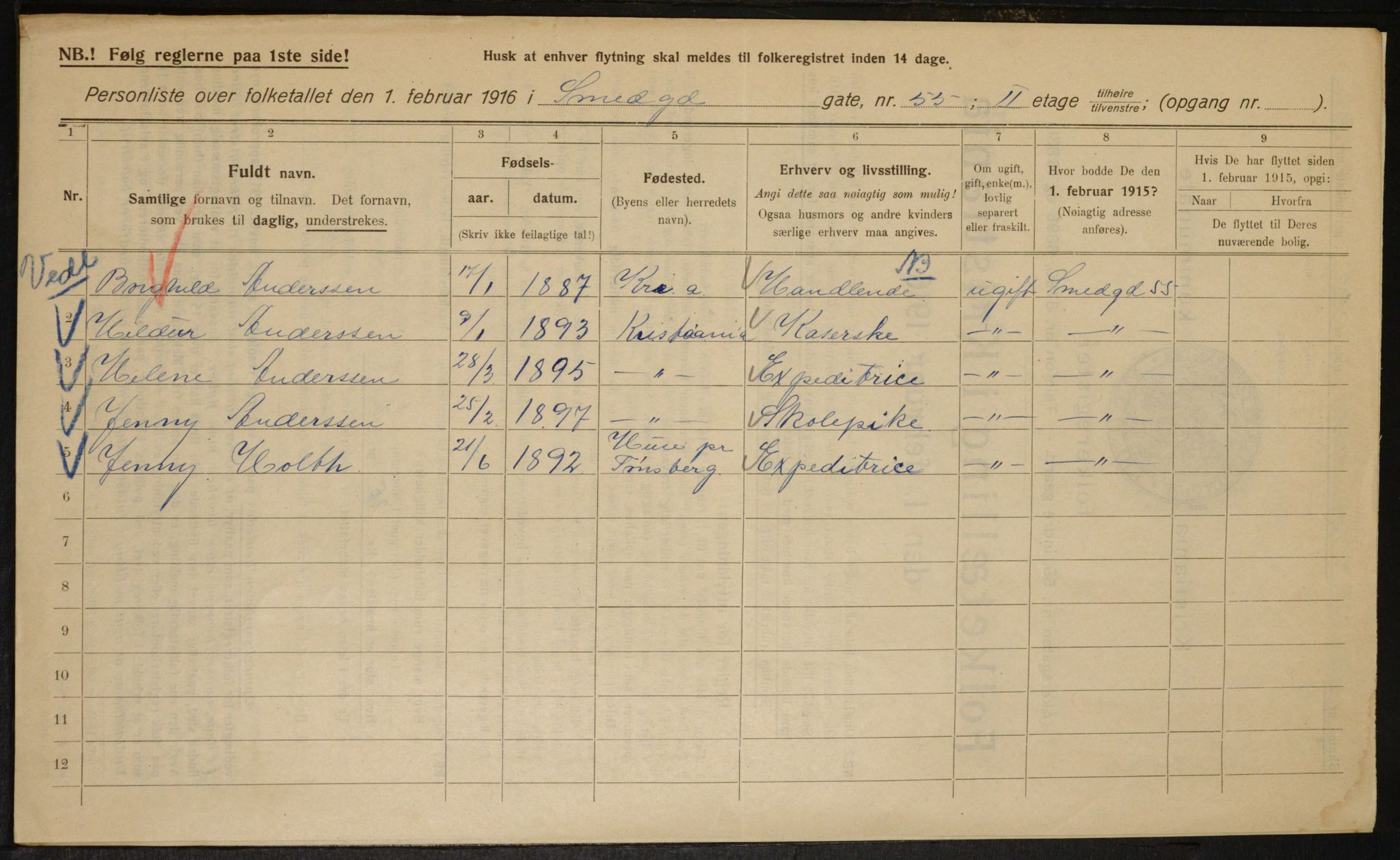 OBA, Kommunal folketelling 1.2.1916 for Kristiania, 1916, s. 100155