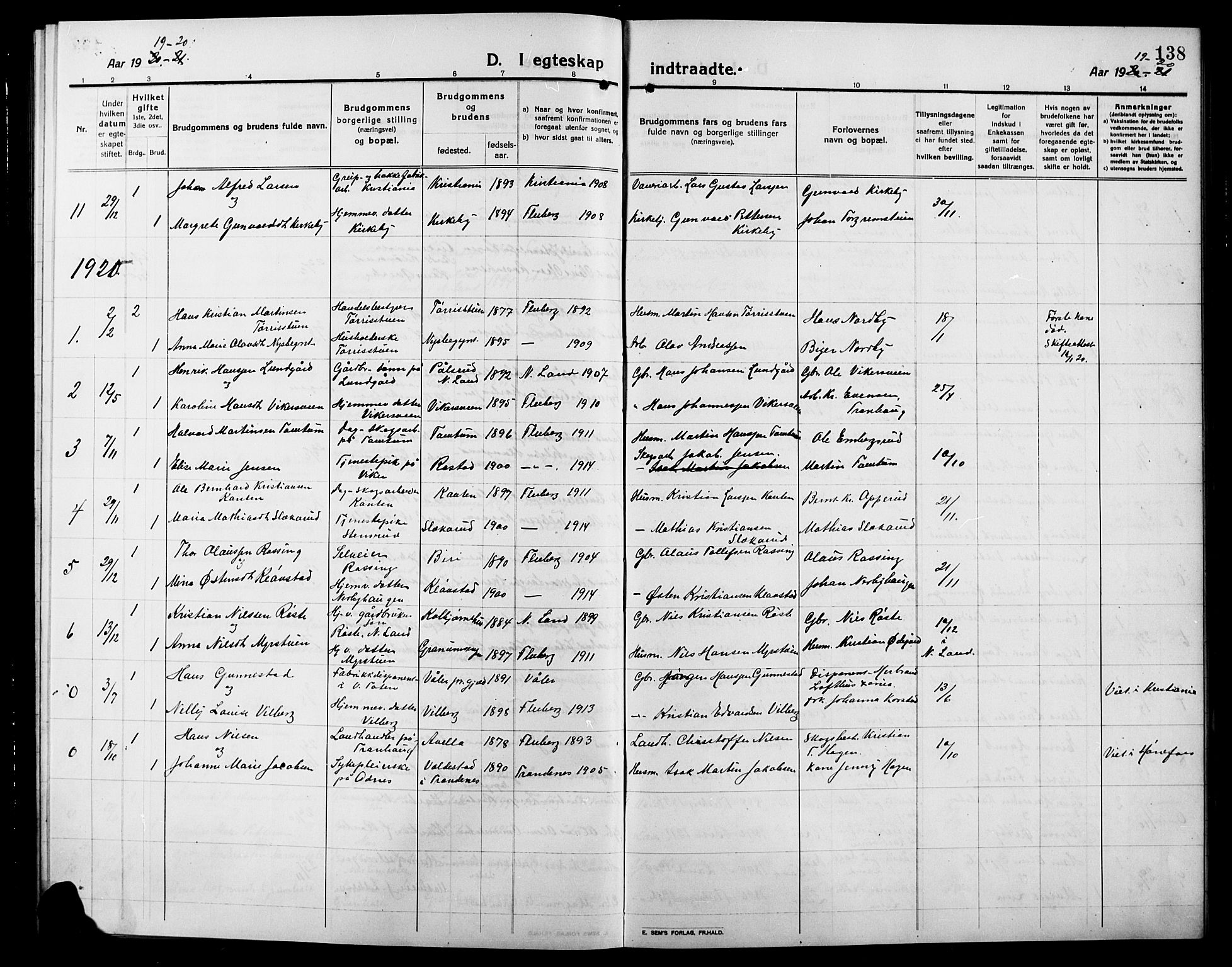 Søndre Land prestekontor, SAH/PREST-122/L/L0006: Klokkerbok nr. 6, 1912-1925, s. 138