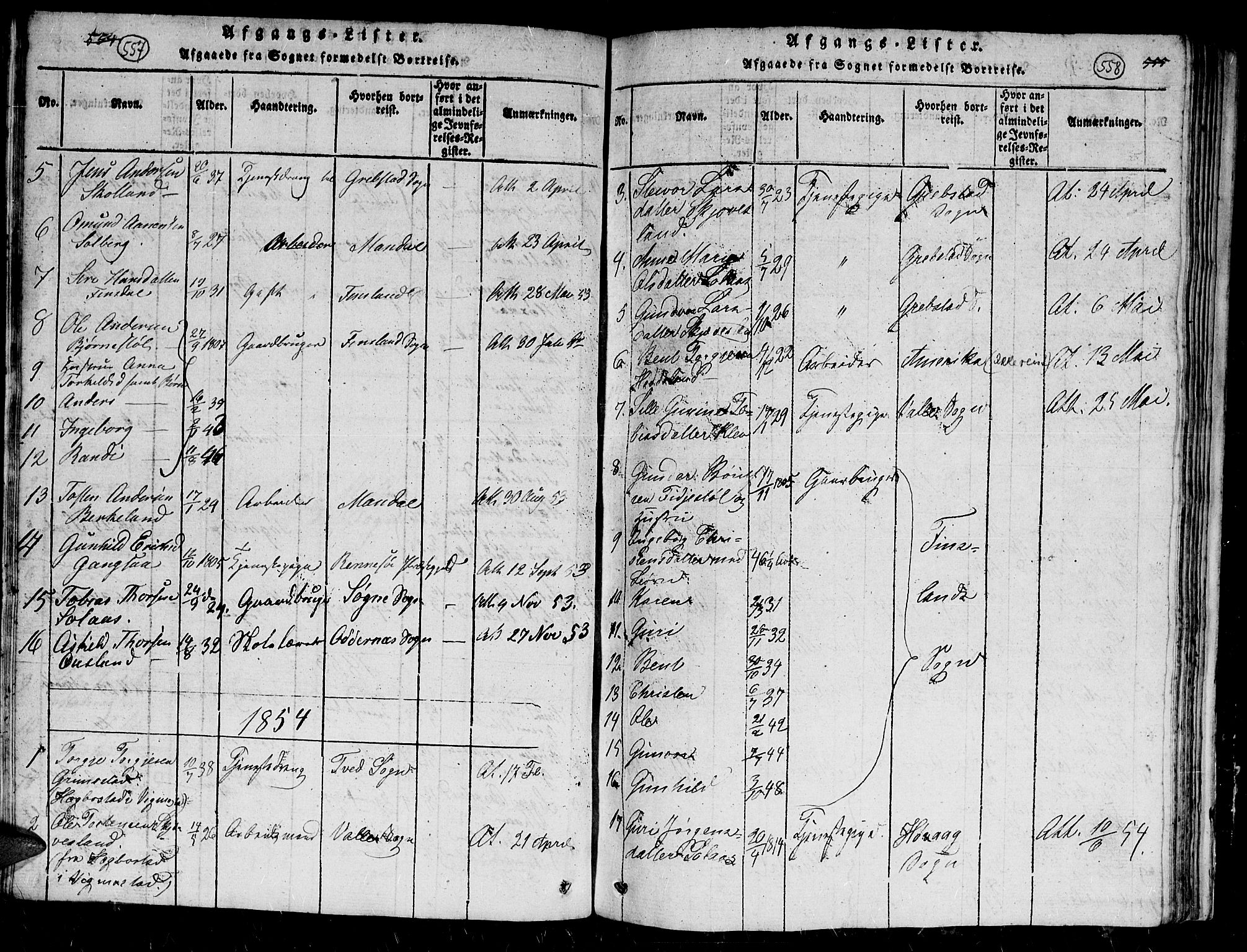 Holum sokneprestkontor, AV/SAK-1111-0022/F/Fb/Fbc/L0001: Klokkerbok nr. B 1, 1820-1859, s. 557-558