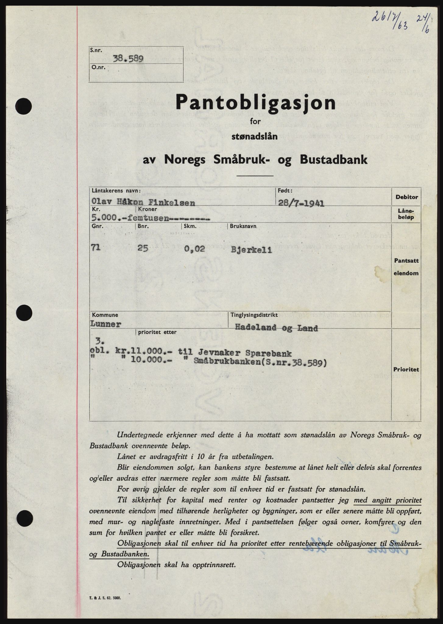 Hadeland og Land tingrett, SAH/TING-010/H/Hb/Hbc/L0052: Pantebok nr. B52, 1963-1963, Dagboknr: 2617/1963