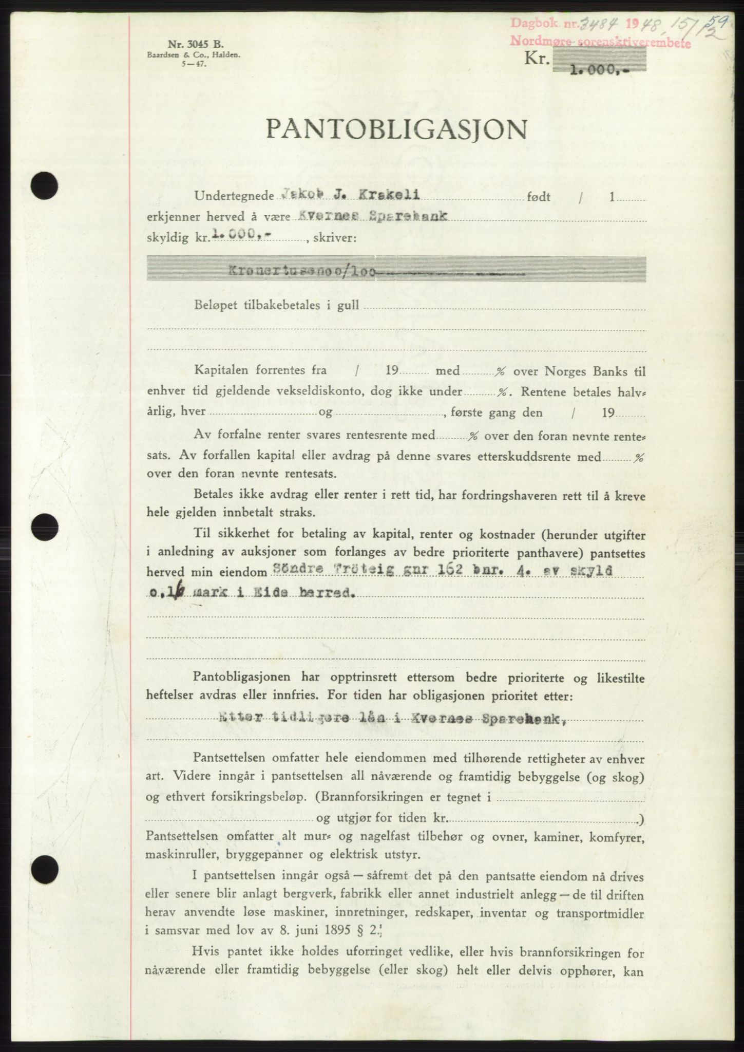Nordmøre sorenskriveri, SAT/A-4132/1/2/2Ca: Pantebok nr. B100, 1948-1949, Dagboknr: 3484/1948