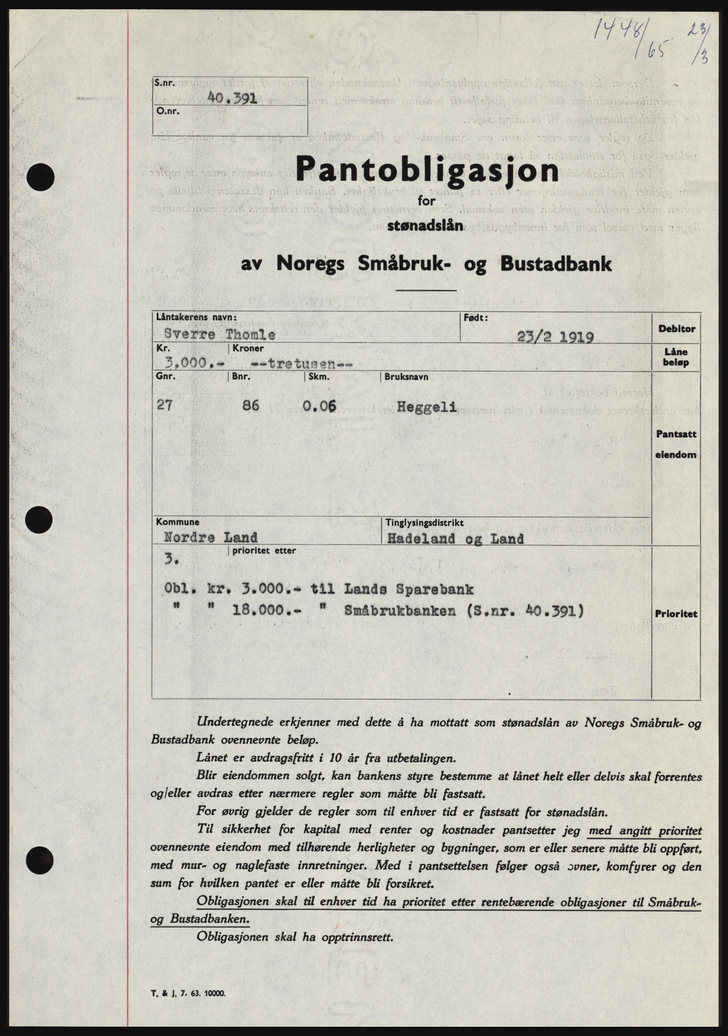 Hadeland og Land tingrett, SAH/TING-010/H/Hb/Hbc/L0058: Pantebok nr. B58, 1965-1965, Dagboknr: 1448/1965
