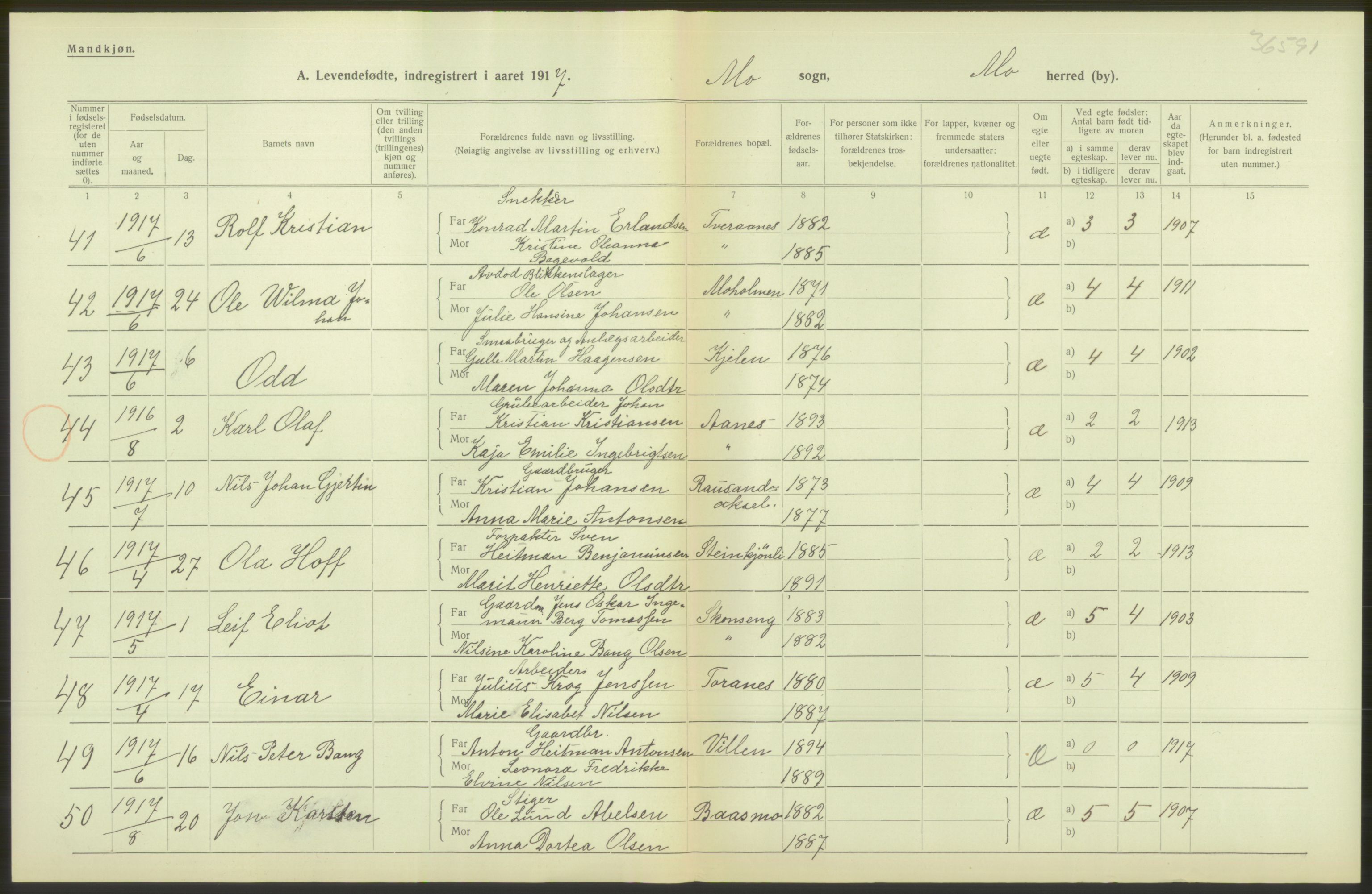 Statistisk sentralbyrå, Sosiodemografiske emner, Befolkning, RA/S-2228/D/Df/Dfb/Dfbg/L0050: Nordlands amt: Levendefødte menn og kvinner. Bygder., 1917, s. 404