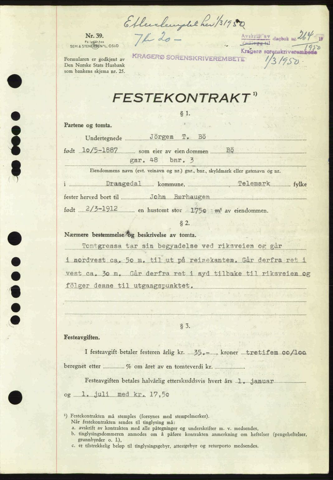 Kragerø sorenskriveri, SAKO/A-65/G/Ga/Gac/L0003: Pantebok nr. A-3, 1949-1950, Dagboknr: 264/1950
