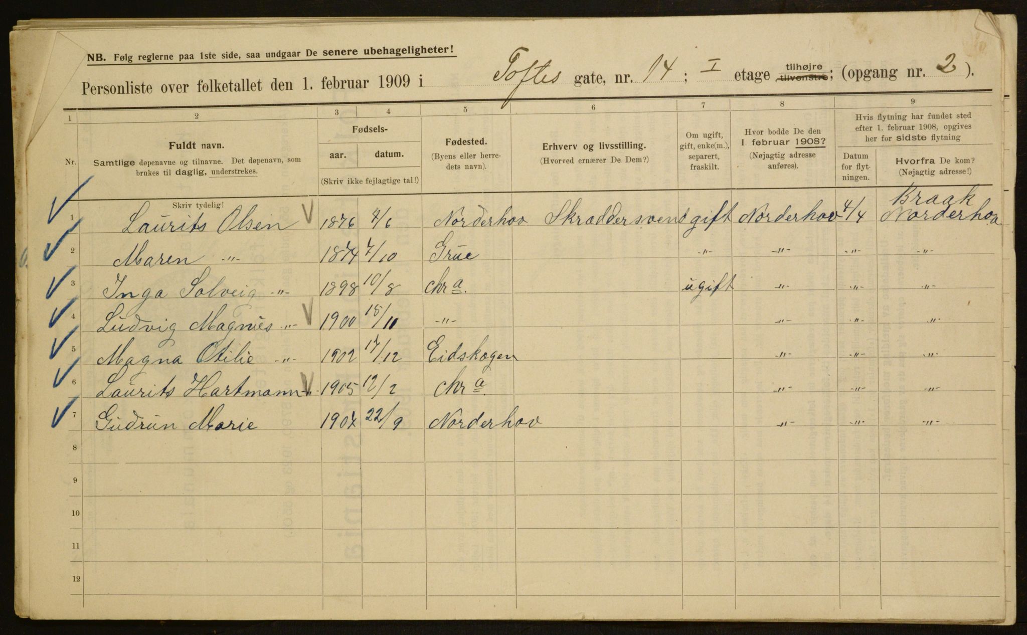 OBA, Kommunal folketelling 1.2.1909 for Kristiania kjøpstad, 1909, s. 101093