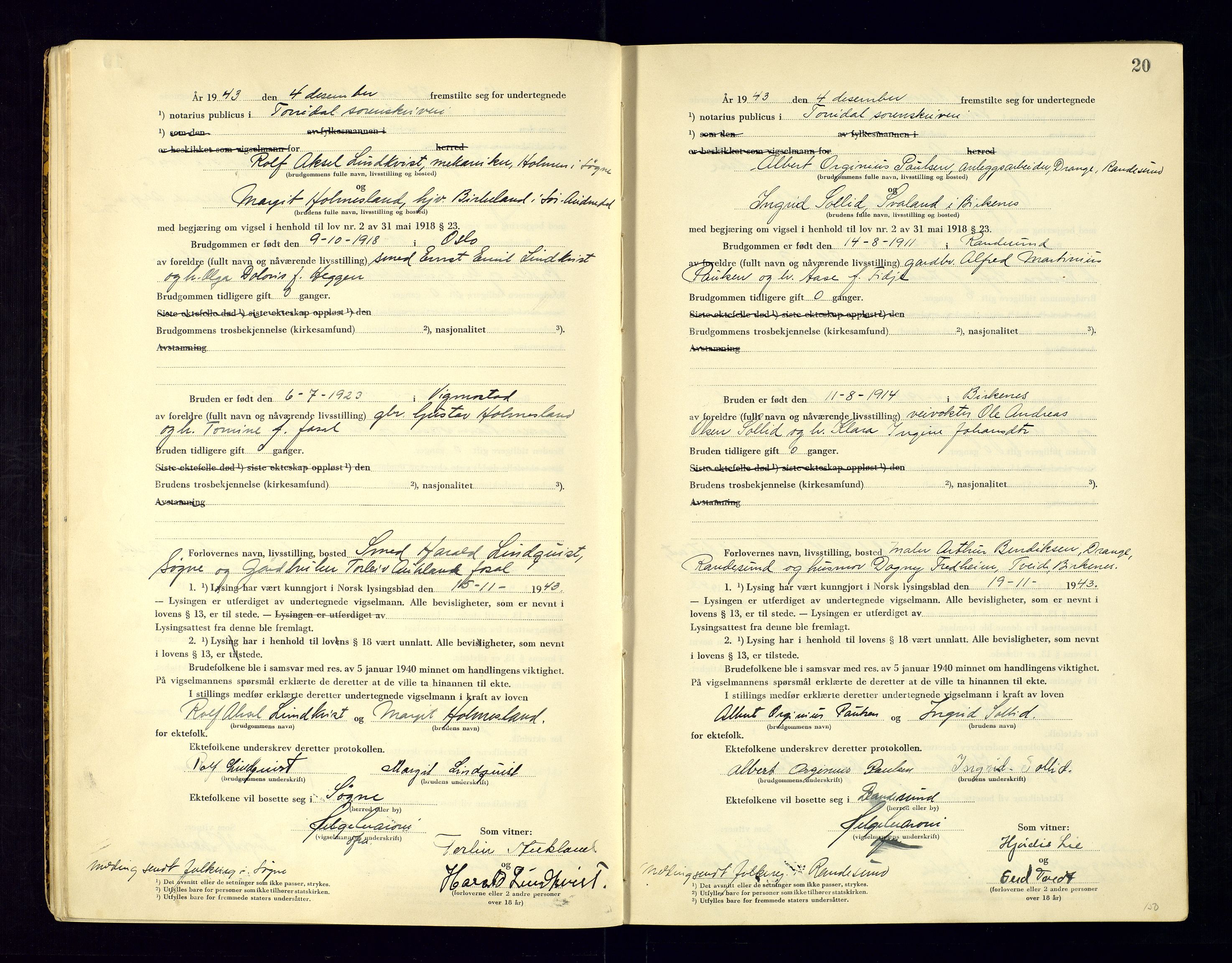 Torridal sorenskriveri, AV/SAK-1221-0012/L/Ld/L0004: Vigselbok nr. 2, 1943-1946, s. 20