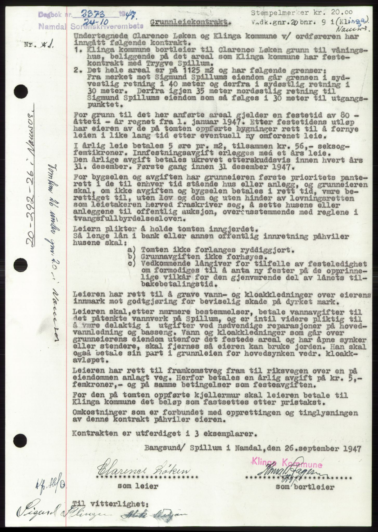 Namdal sorenskriveri, SAT/A-4133/1/2/2C: Pantebok nr. -, 1947-1947, Dagboknr: 2373/1947