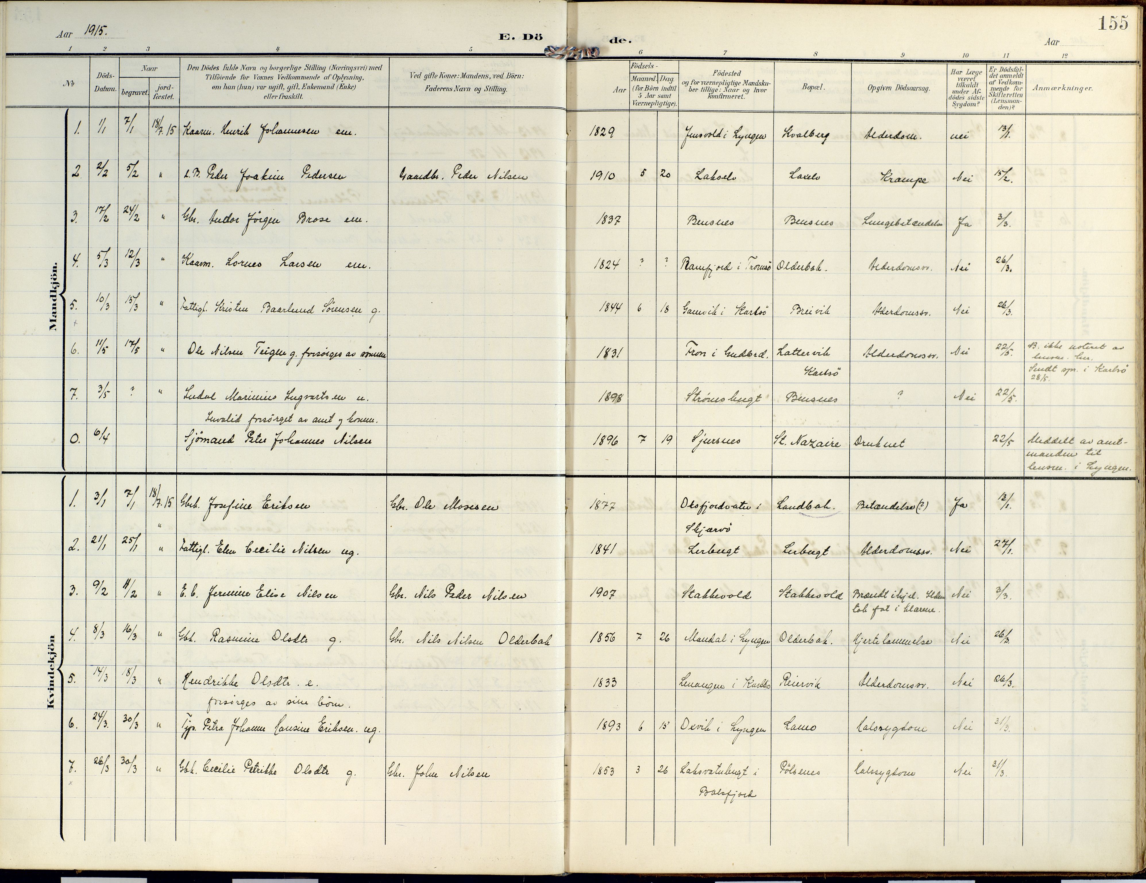 Lyngen sokneprestembete, AV/SATØ-S-1289/H/He/Hea/L0014kirke: Ministerialbok nr. 14, 1905-1920, s. 155