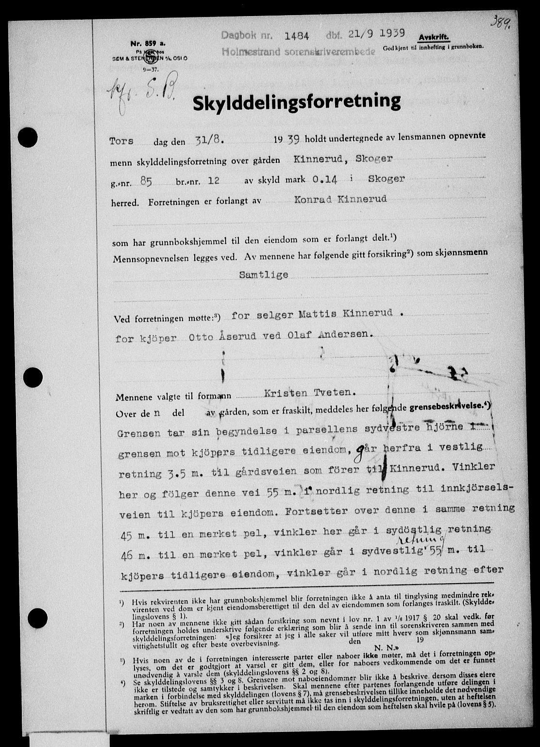 Holmestrand sorenskriveri, SAKO/A-67/G/Ga/Gaa/L0051: Pantebok nr. A-51, 1939-1940, Dagboknr: 1484/1939