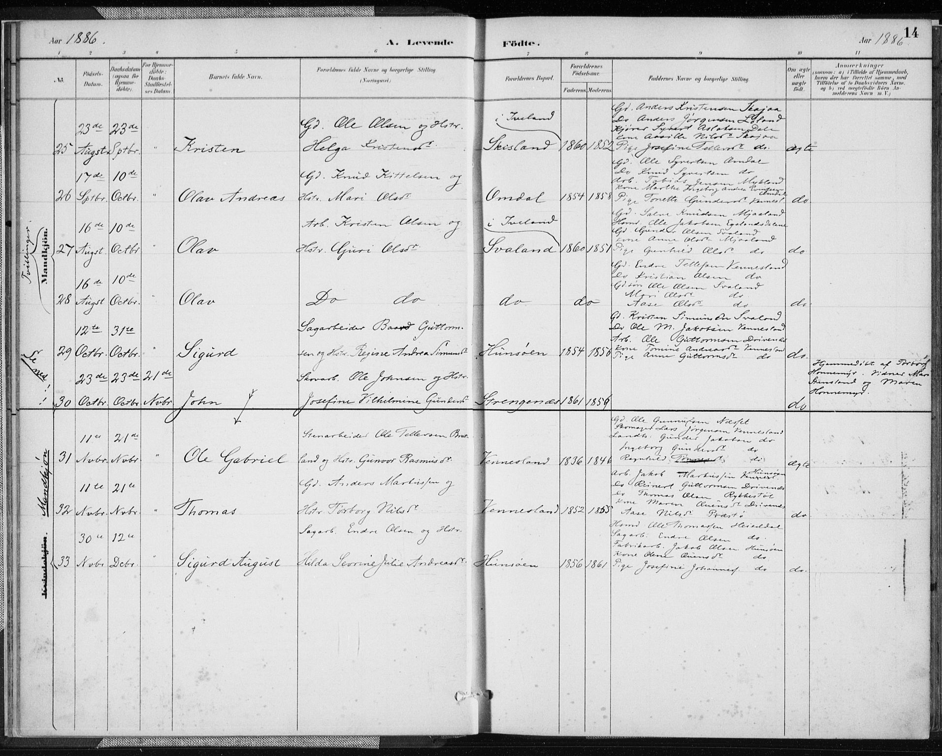 Vennesla sokneprestkontor, AV/SAK-1111-0045/Fa/Fab/L0004: Ministerialbok nr. A 4, 1884-1896, s. 14