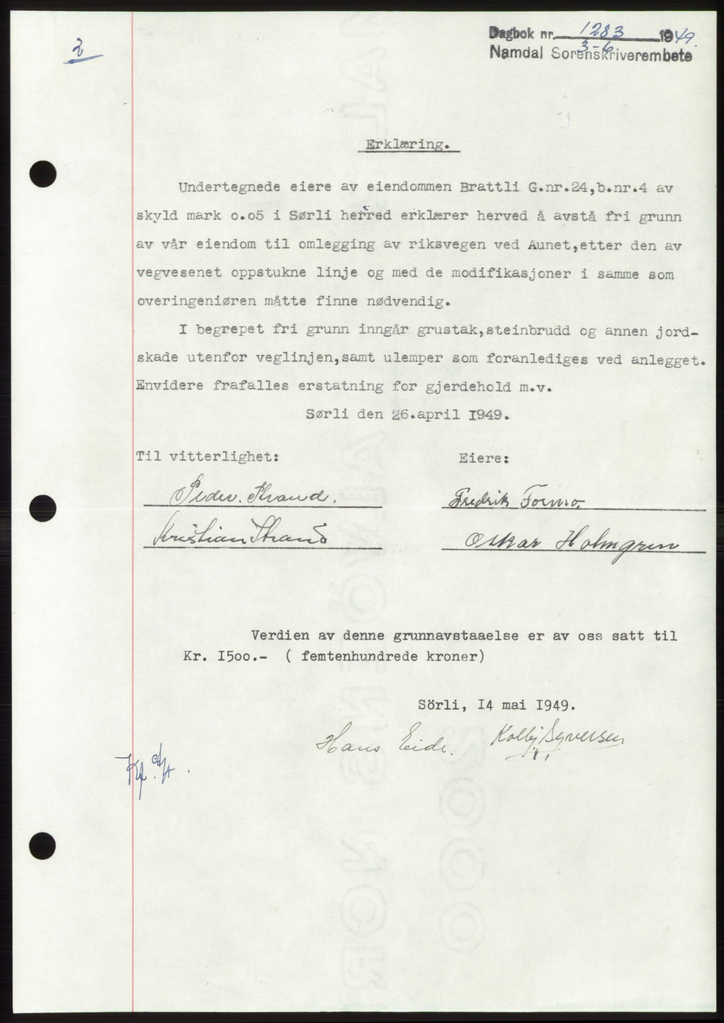 Namdal sorenskriveri, SAT/A-4133/1/2/2C: Pantebok nr. -, 1949-1949, Dagboknr: 1283/1949