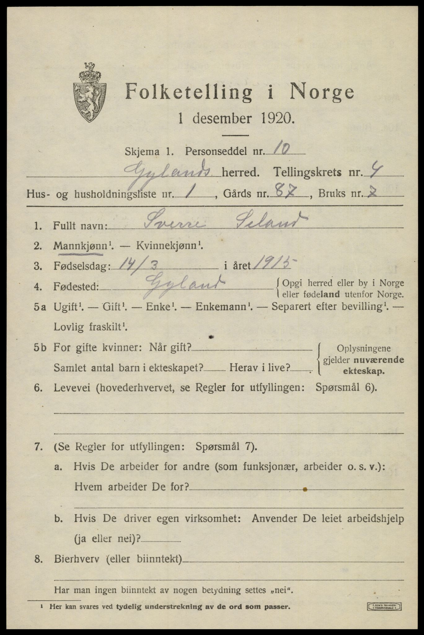SAK, Folketelling 1920 for 1044 Gyland herred, 1920, s. 1056