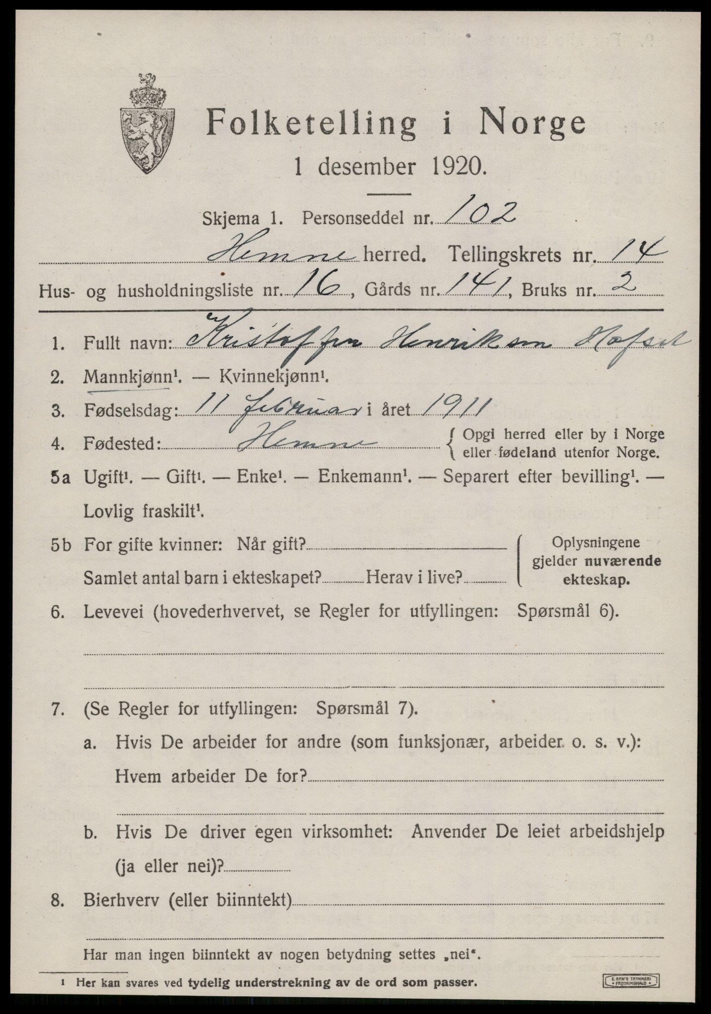SAT, Folketelling 1920 for 1612 Hemne herred, 1920, s. 8136
