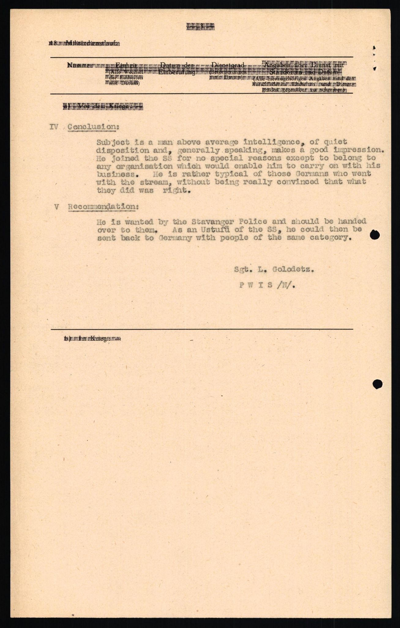 Forsvaret, Forsvarets overkommando II, RA/RAFA-3915/D/Db/L0020: CI Questionaires. Tyske okkupasjonsstyrker i Norge. Tyskere., 1945-1946, s. 173
