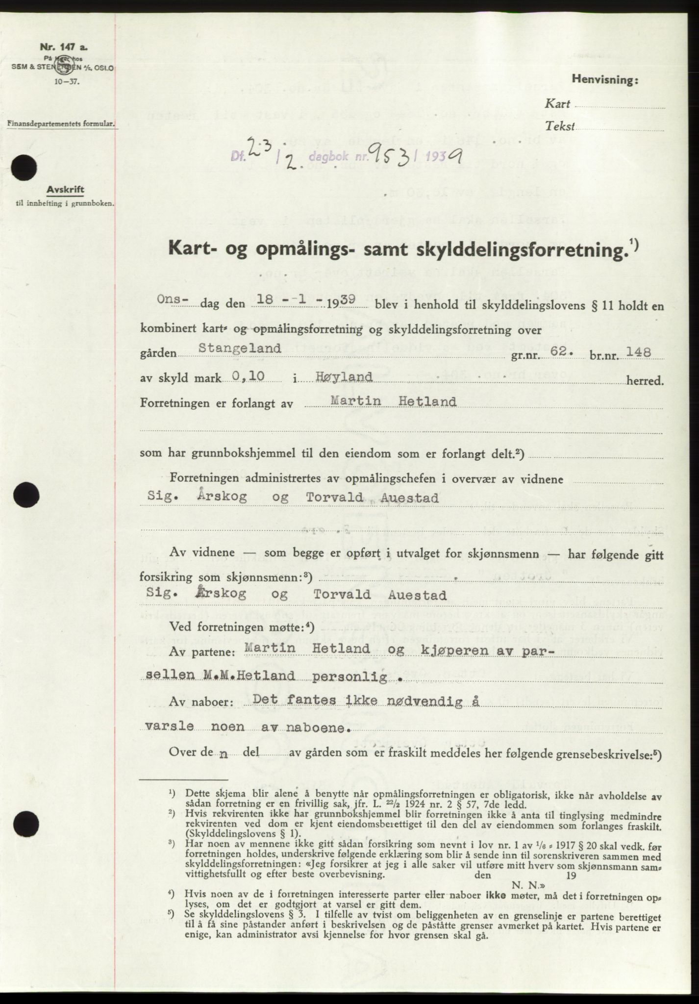 Jæren sorenskriveri, SAST/A-100310/03/G/Gba/L0073: Pantebok, 1939-1939, Dagboknr: 953/1939