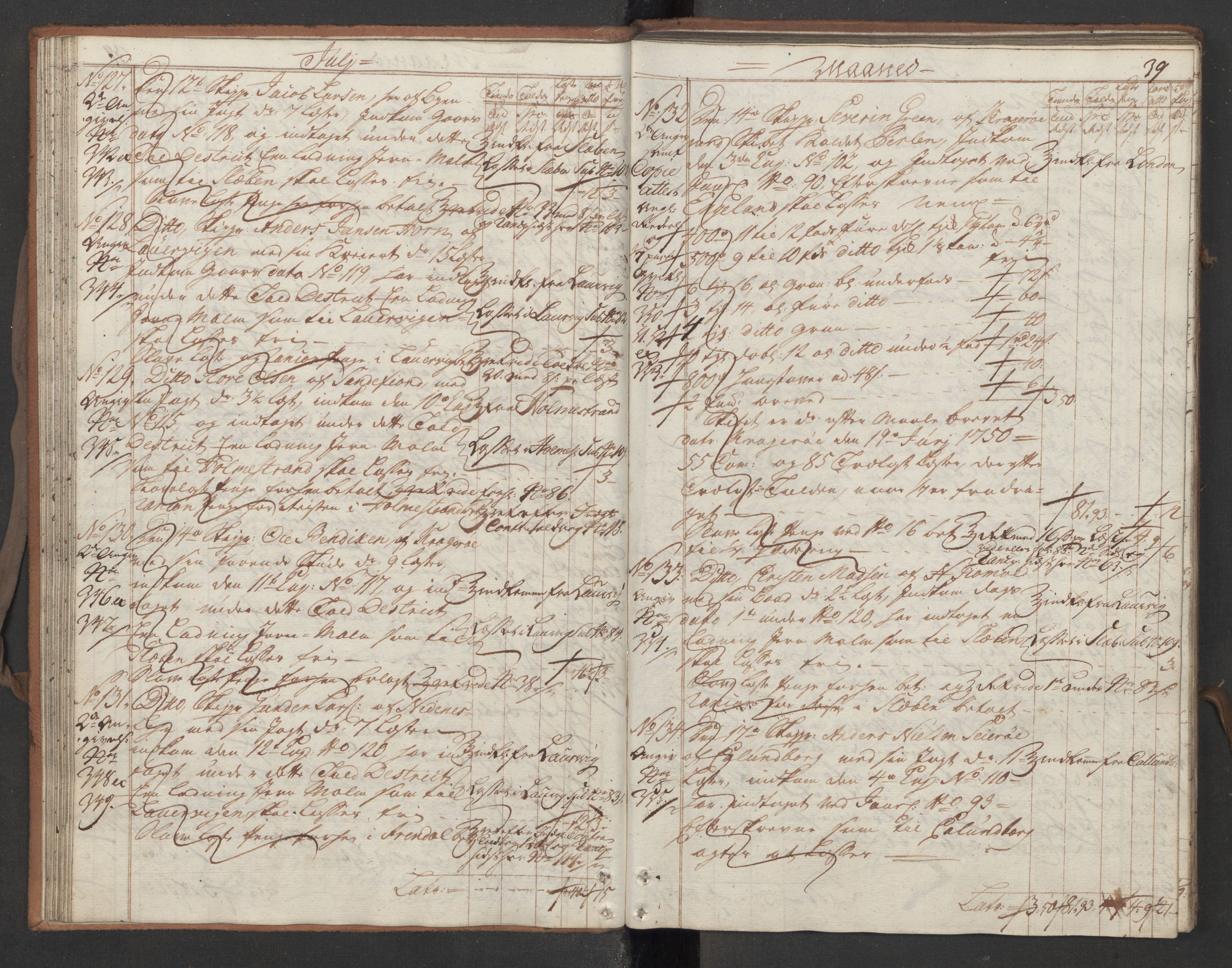 Generaltollkammeret, tollregnskaper, AV/RA-EA-5490/R13/L0029/0001: Tollregnskaper Kragerø / Utgående hovedtollbok, 1760, s. 38b-39a