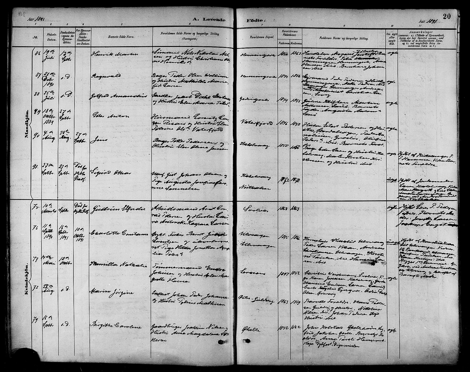 Ministerialprotokoller, klokkerbøker og fødselsregistre - Nordland, SAT/A-1459/874/L1060: Ministerialbok nr. 874A04, 1890-1899, s. 20