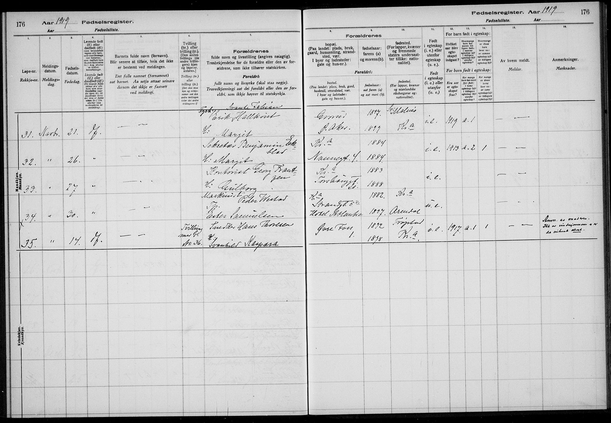 Rikshospitalet prestekontor Kirkebøker, AV/SAO-A-10309b/J/L0004: Fødselsregister nr. 4, 1919-1919, s. 176