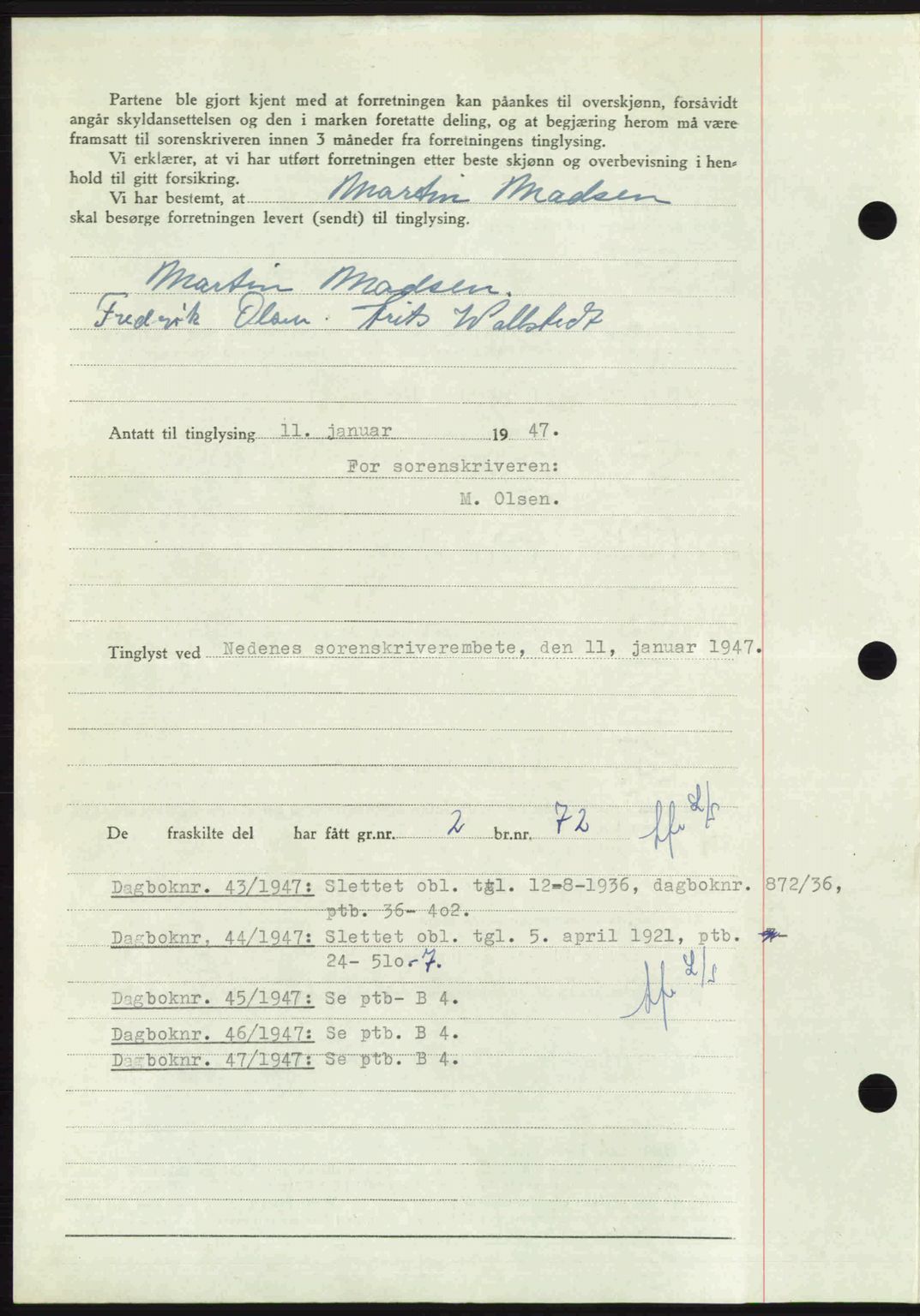 Nedenes sorenskriveri, AV/SAK-1221-0006/G/Gb/Gba/L0056: Pantebok nr. A8, 1946-1947, Dagboknr: 42/1947