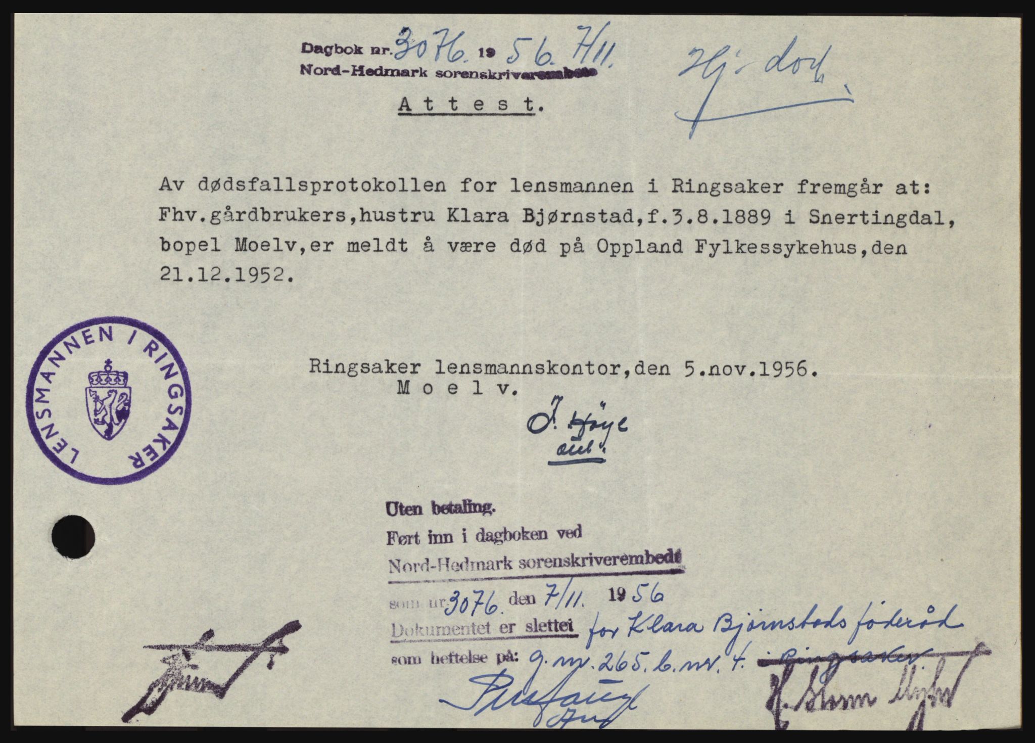Nord-Hedmark sorenskriveri, SAH/TING-012/H/Hc/L0011: Pantebok nr. 11, 1956-1957, Dagboknr: 3076/1956