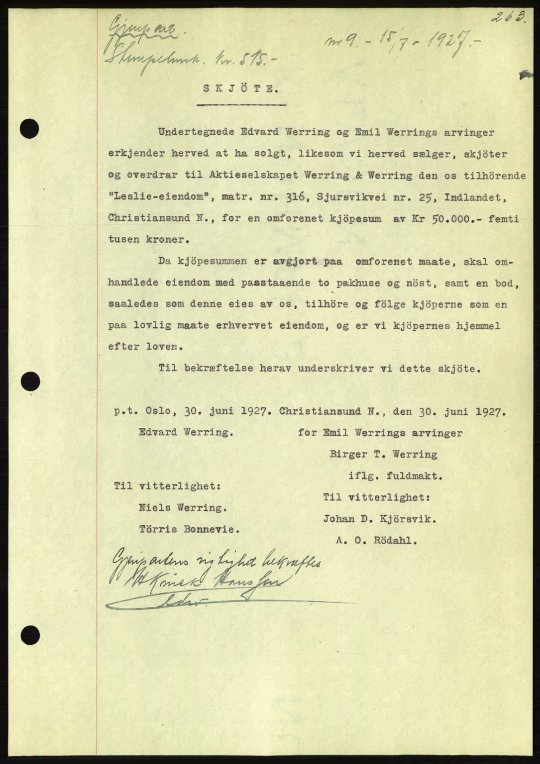 Kristiansund byfogd, AV/SAT-A-4587/A/27: Pantebok nr. 21, 1926-1928, Tingl.dato: 15.07.1927