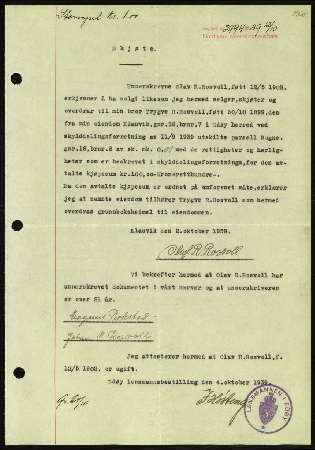 Nordmøre sorenskriveri, SAT/A-4132/1/2/2Ca: Pantebok nr. A87, 1939-1940, Dagboknr: 2994/1939