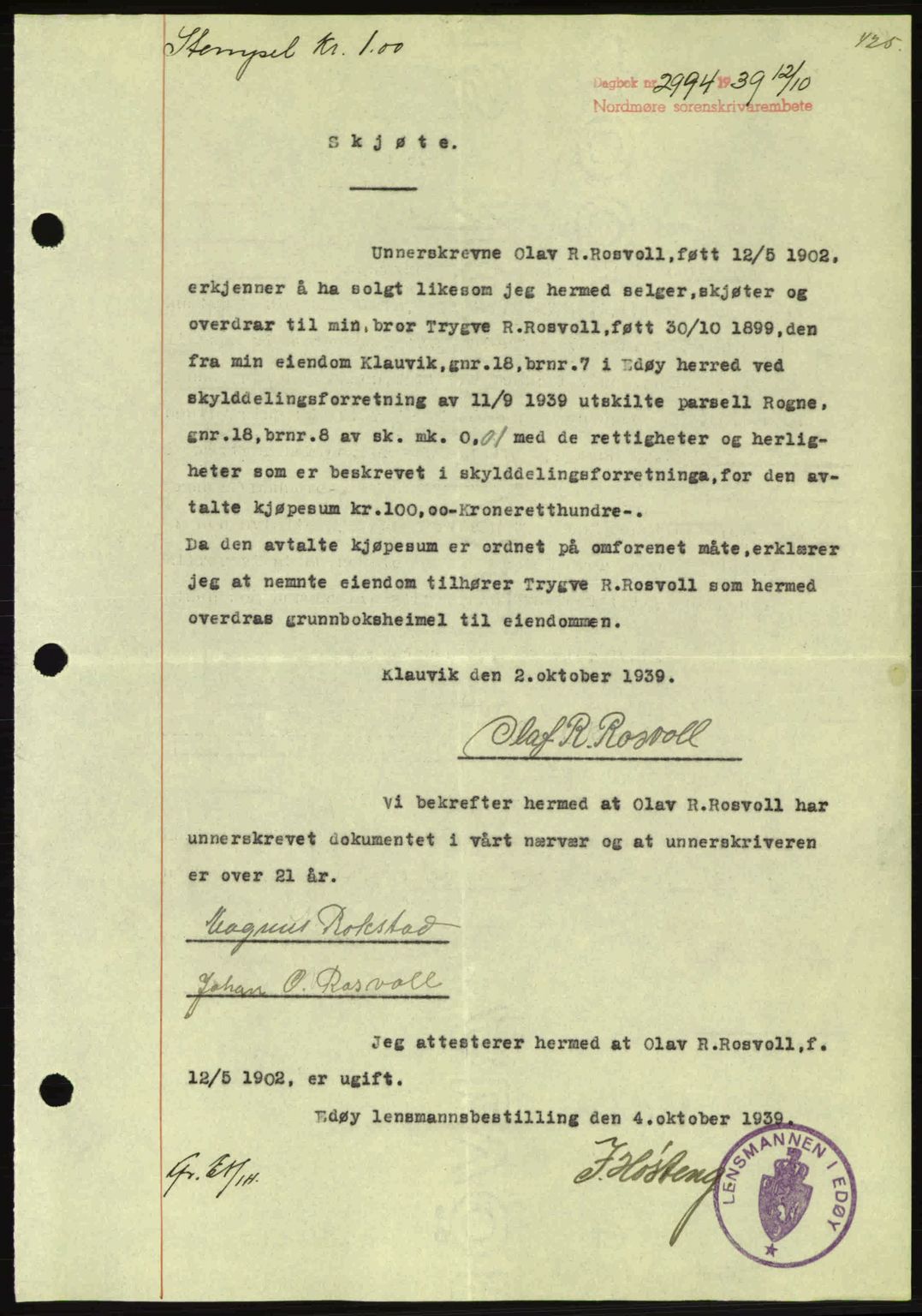 Nordmøre sorenskriveri, AV/SAT-A-4132/1/2/2Ca: Pantebok nr. A87, 1939-1940, Dagboknr: 2994/1939