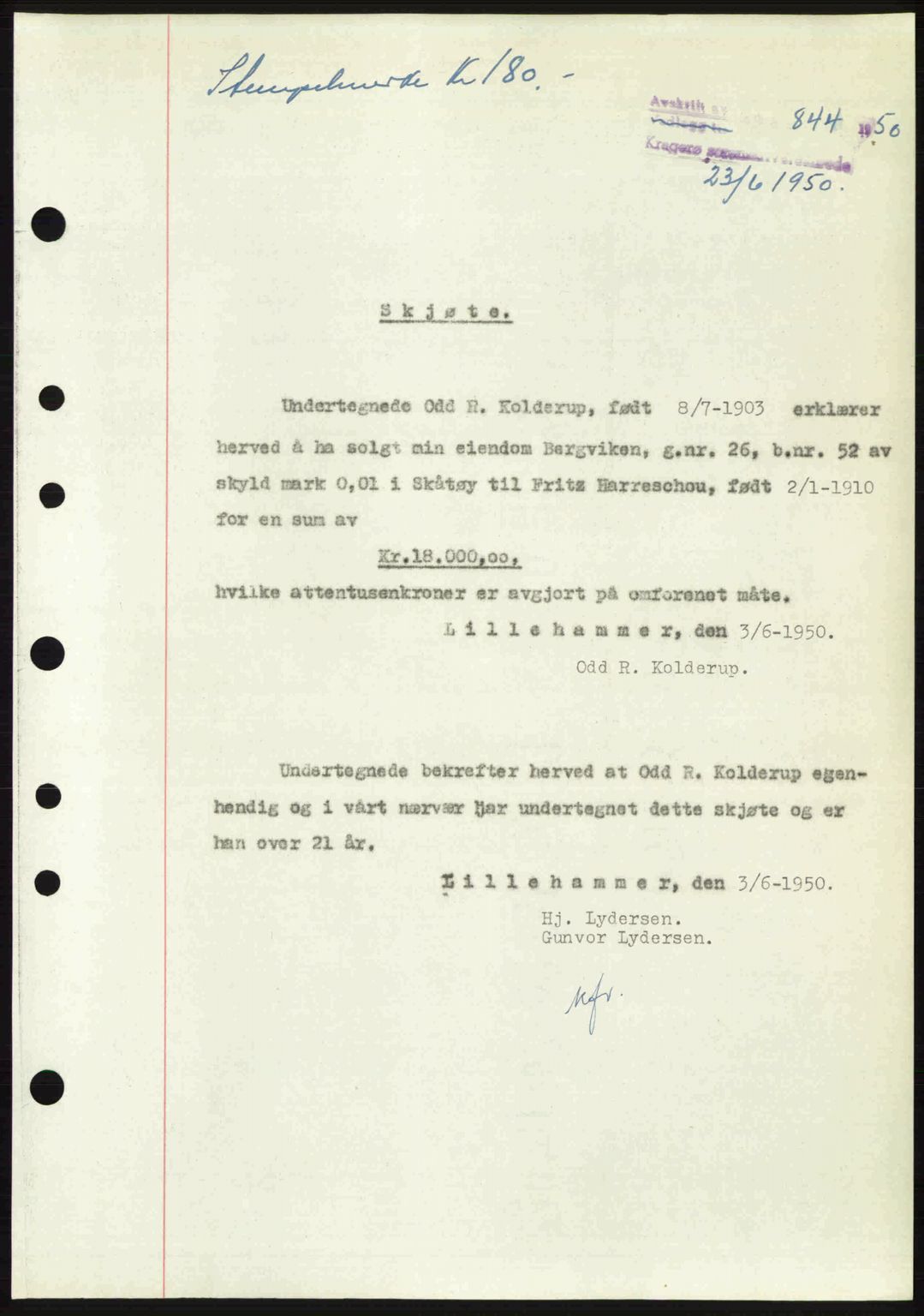 Kragerø sorenskriveri, SAKO/A-65/G/Ga/Gac/L0003: Pantebok nr. A-3, 1949-1950, Dagboknr: 844/1950
