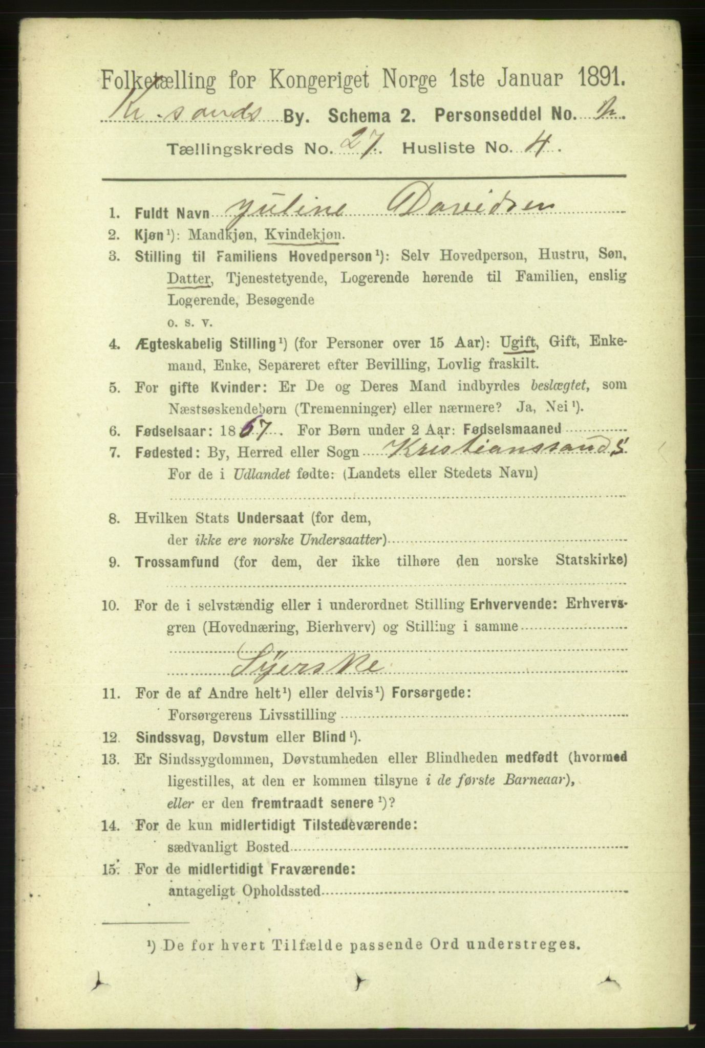 RA, Folketelling 1891 for 1001 Kristiansand kjøpstad, 1891, s. 9436