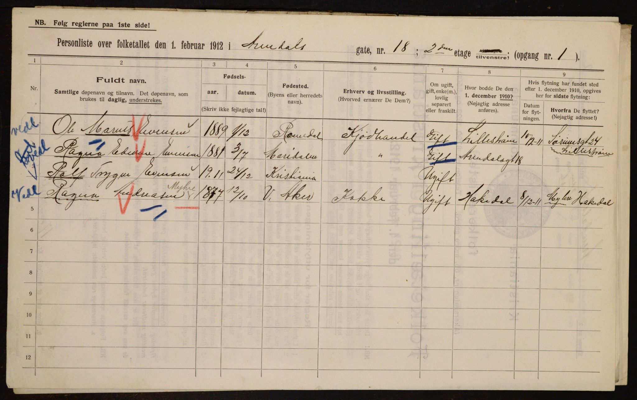 OBA, Kommunal folketelling 1.2.1912 for Kristiania, 1912, s. 2072