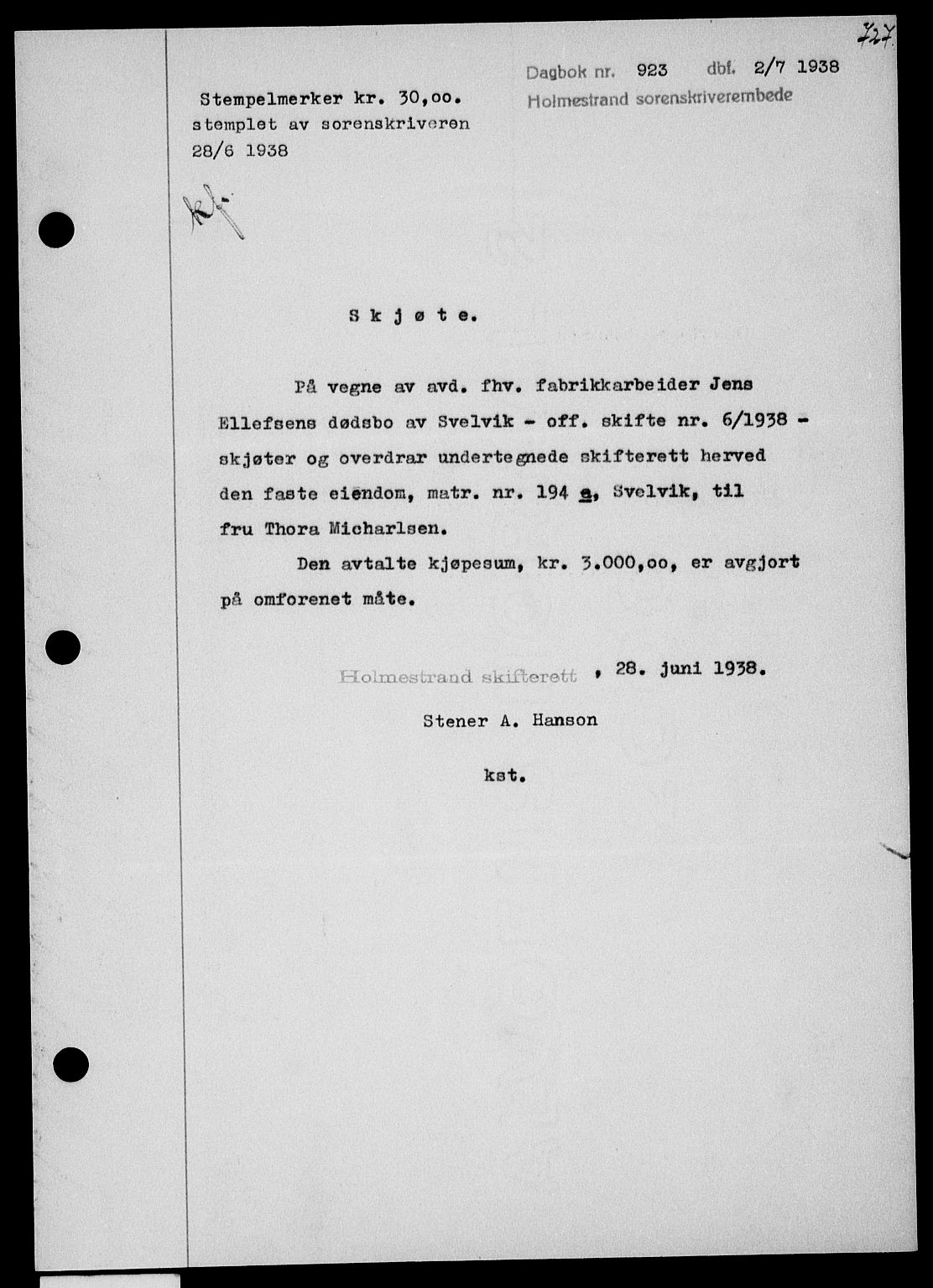 Holmestrand sorenskriveri, SAKO/A-67/G/Ga/Gaa/L0049: Pantebok nr. A-49, 1937-1938, Dagboknr: 923/1938