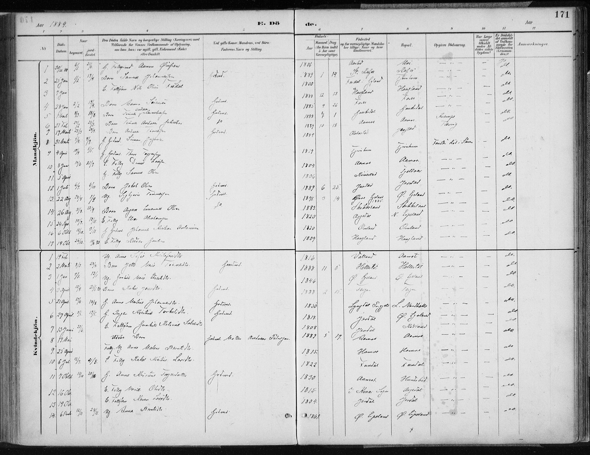 Kvinesdal sokneprestkontor, SAK/1111-0026/F/Fa/Fab/L0008: Ministerialbok nr. A 8, 1886-1897, s. 171