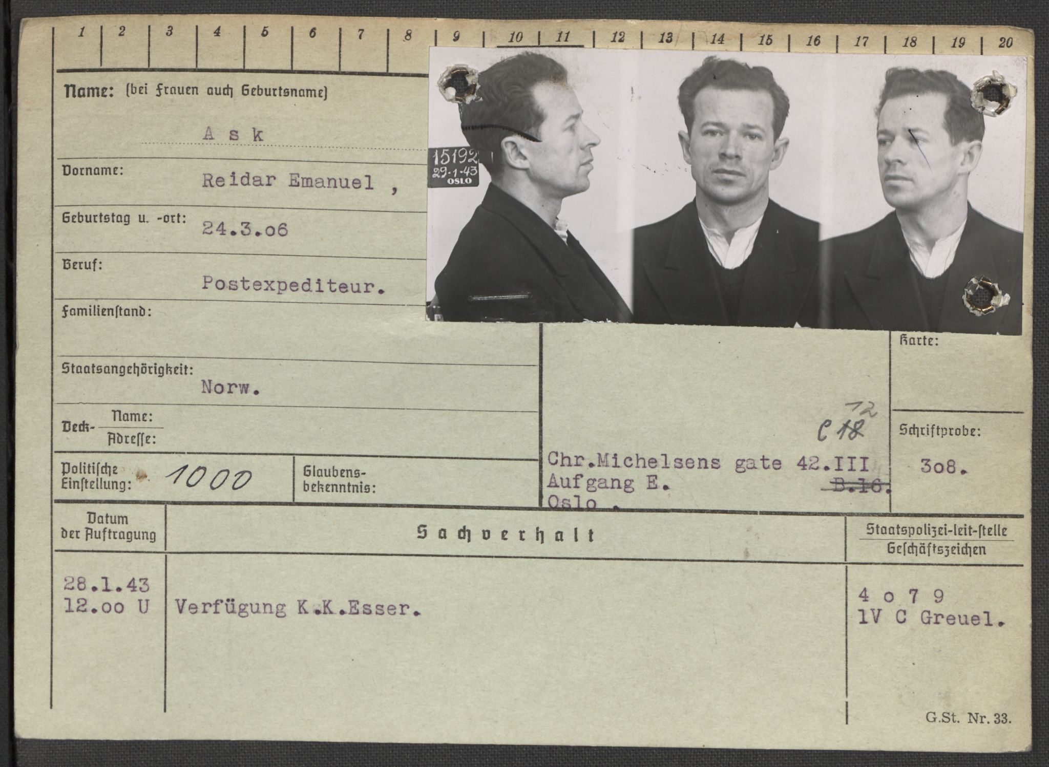 Befehlshaber der Sicherheitspolizei und des SD, AV/RA-RAFA-5969/E/Ea/Eaa/L0001: Register over norske fanger i Møllergata 19: A-Bj, 1940-1945, s. 642