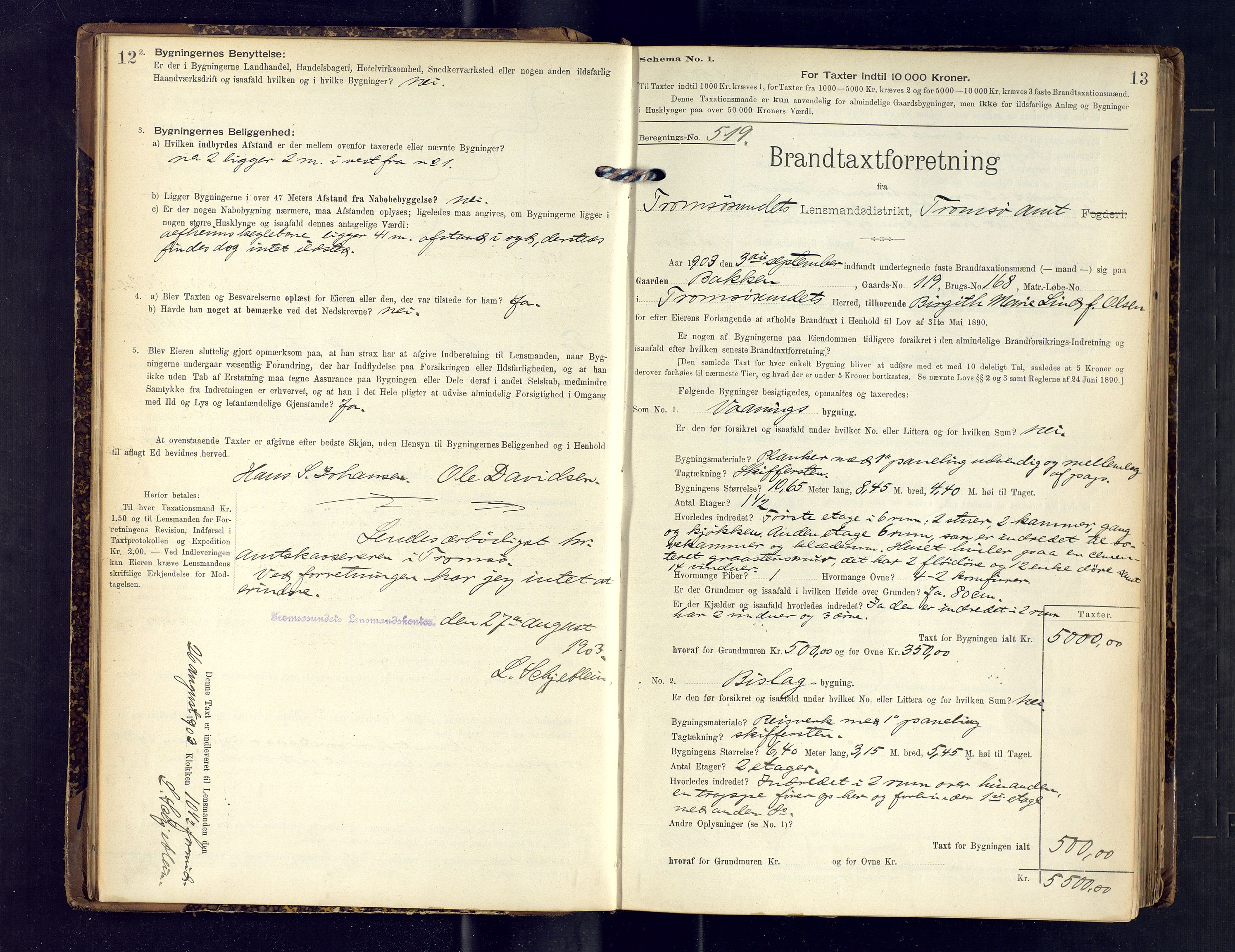 Tromsøysund lensmannskontor, AV/SATØ-SATØ-12/F/Fs/Fsb/L0736: Branntakstprotokoll (S). Med register, 1901-1907, s. 12-13