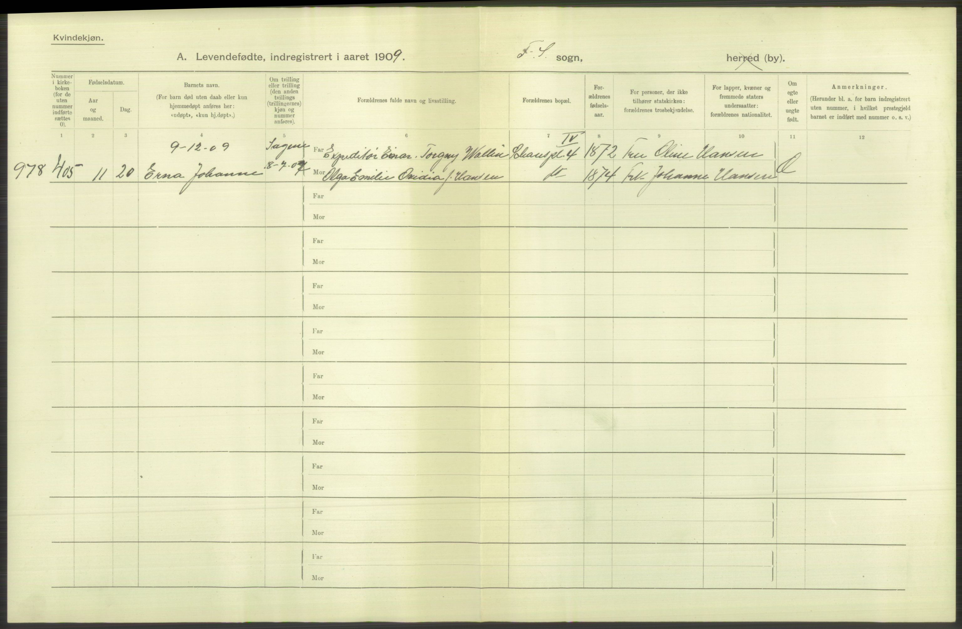 Statistisk sentralbyrå, Sosiodemografiske emner, Befolkning, RA/S-2228/D/Df/Dfa/Dfag/L0007: Kristiania: Levendefødte menn og kvinner., 1909, s. 468