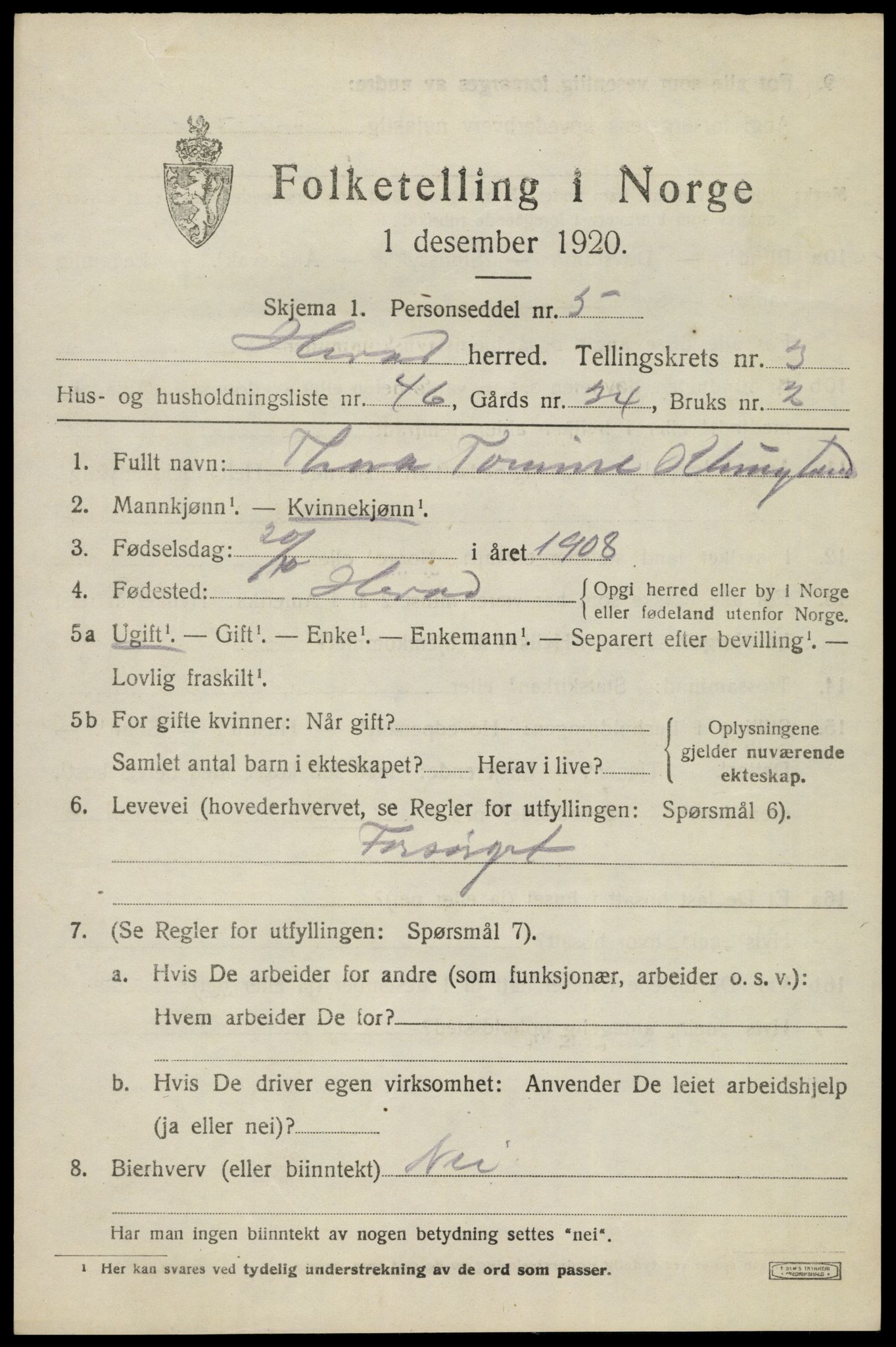 SAK, Folketelling 1920 for 1039 Herad herred, 1920, s. 1684
