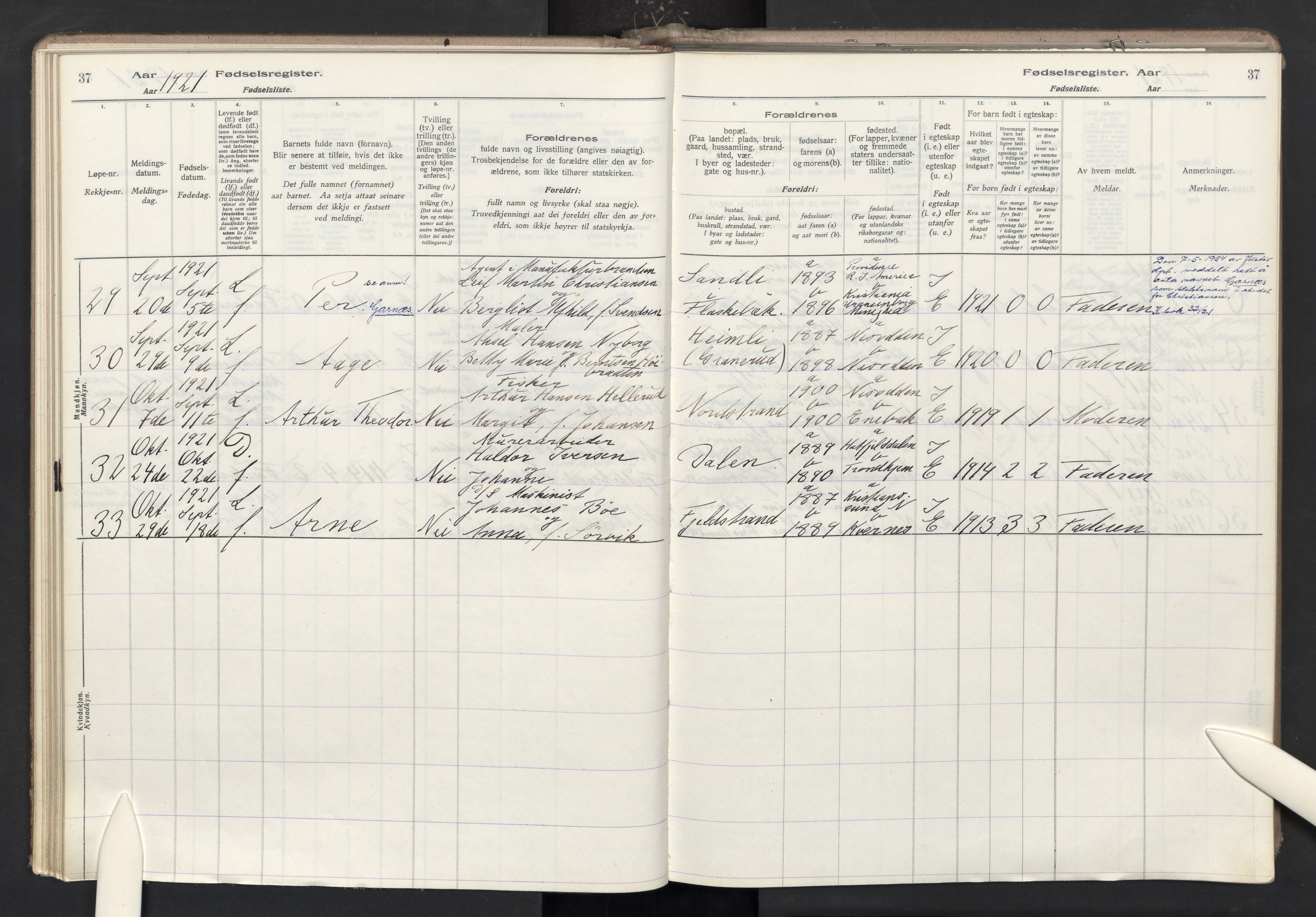 Nesodden prestekontor Kirkebøker, AV/SAO-A-10013/J/Ja/L0001: Fødselsregister nr. I 1, 1916-1946, s. 37