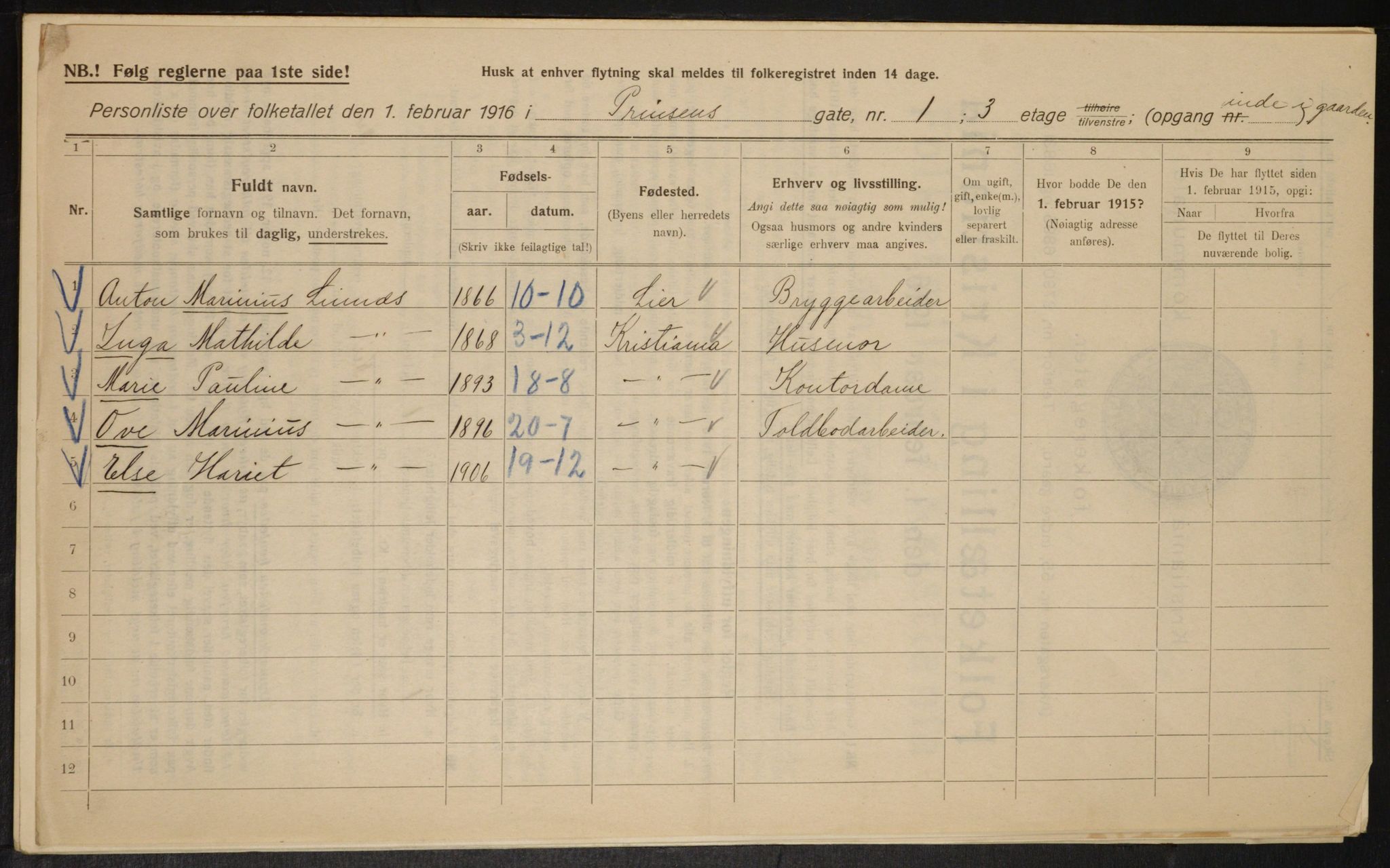 OBA, Kommunal folketelling 1.2.1916 for Kristiania, 1916, s. 83485