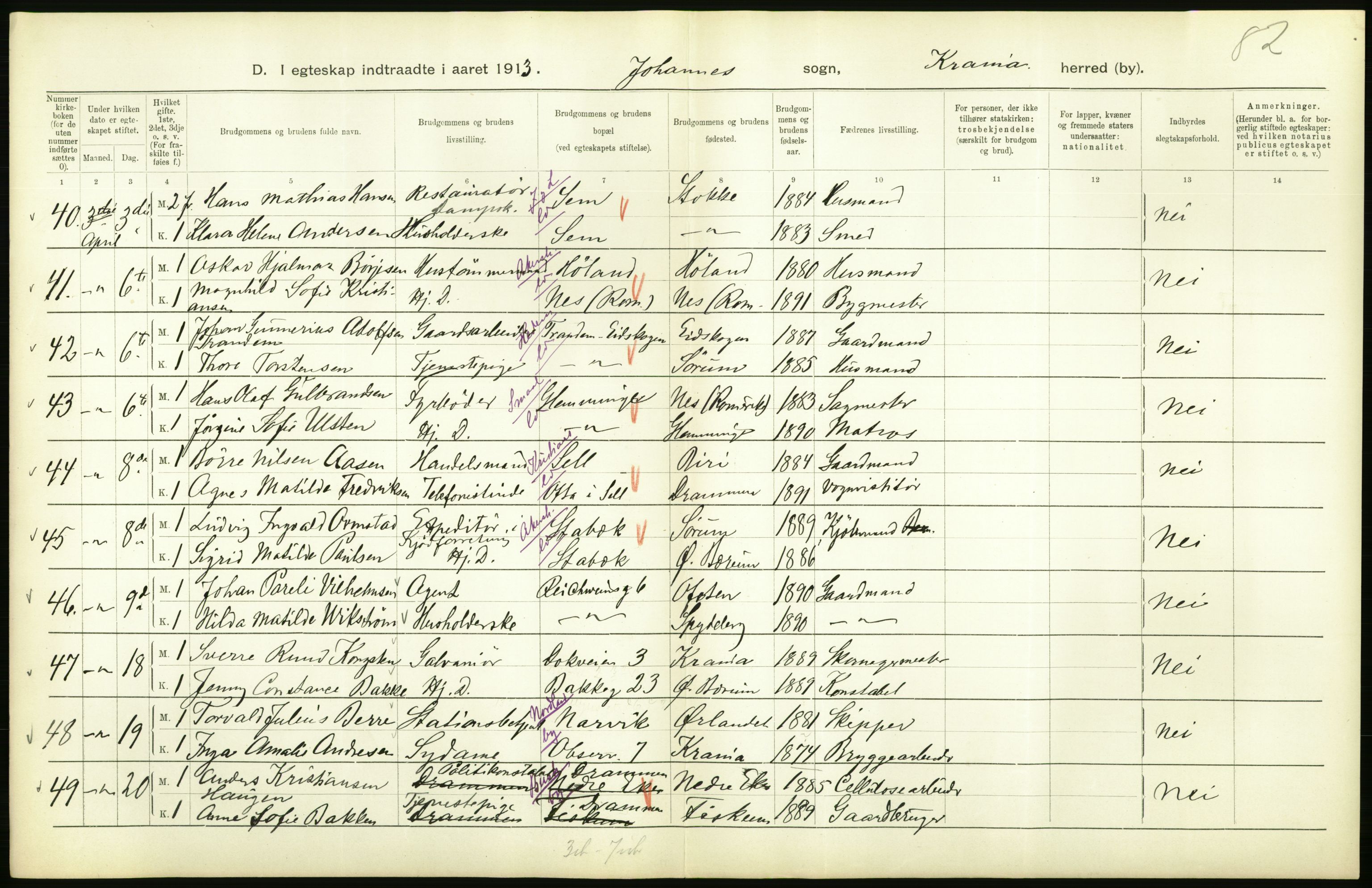 Statistisk sentralbyrå, Sosiodemografiske emner, Befolkning, AV/RA-S-2228/D/Df/Dfb/Dfbc/L0008: Kristiania: Gifte., 1913, s. 744