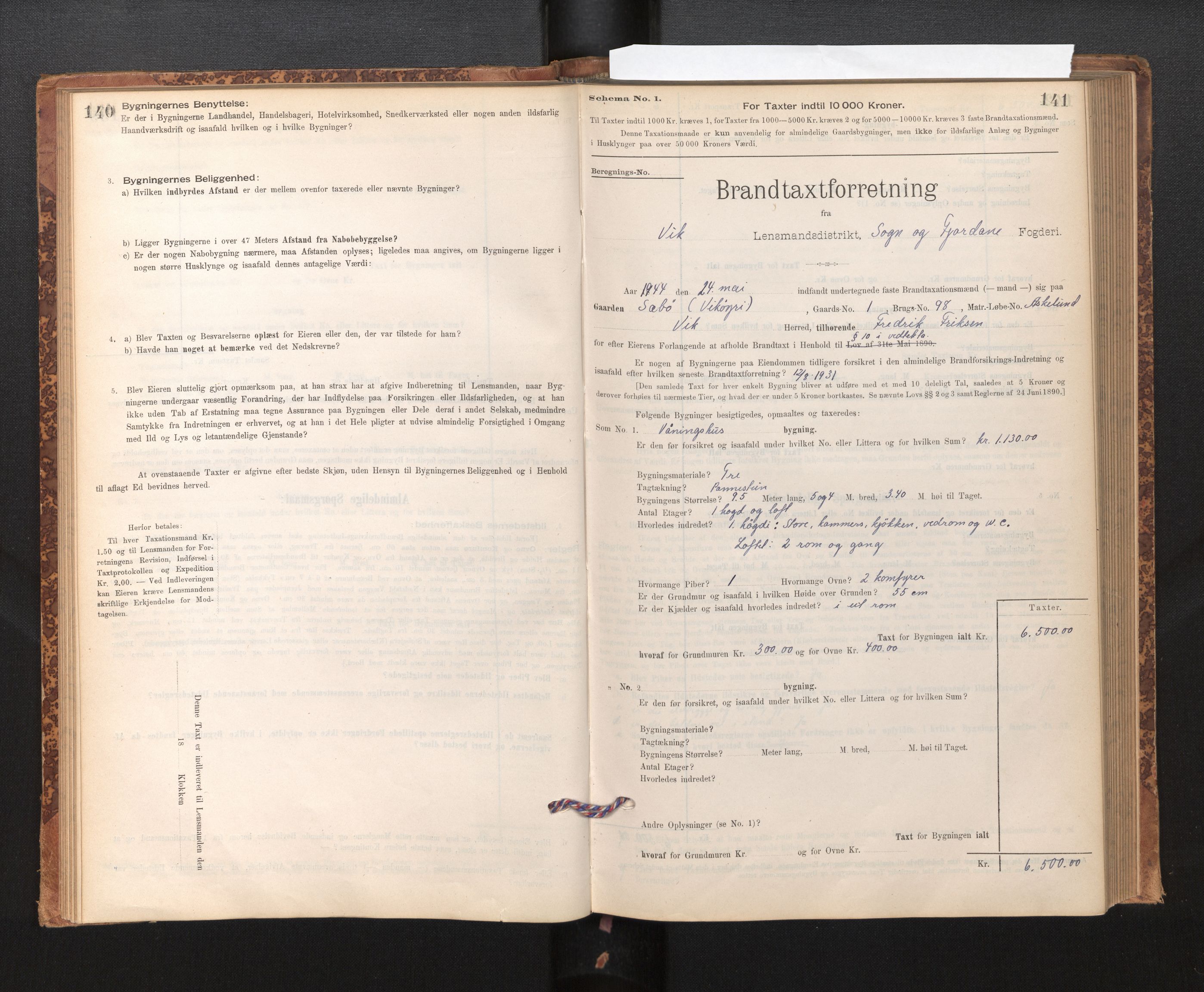 Lensmannen i Vik, SAB/A-30301/0012/L0006: Branntakstprotokoll, skjematakst, 1896-1949, s. 140-141
