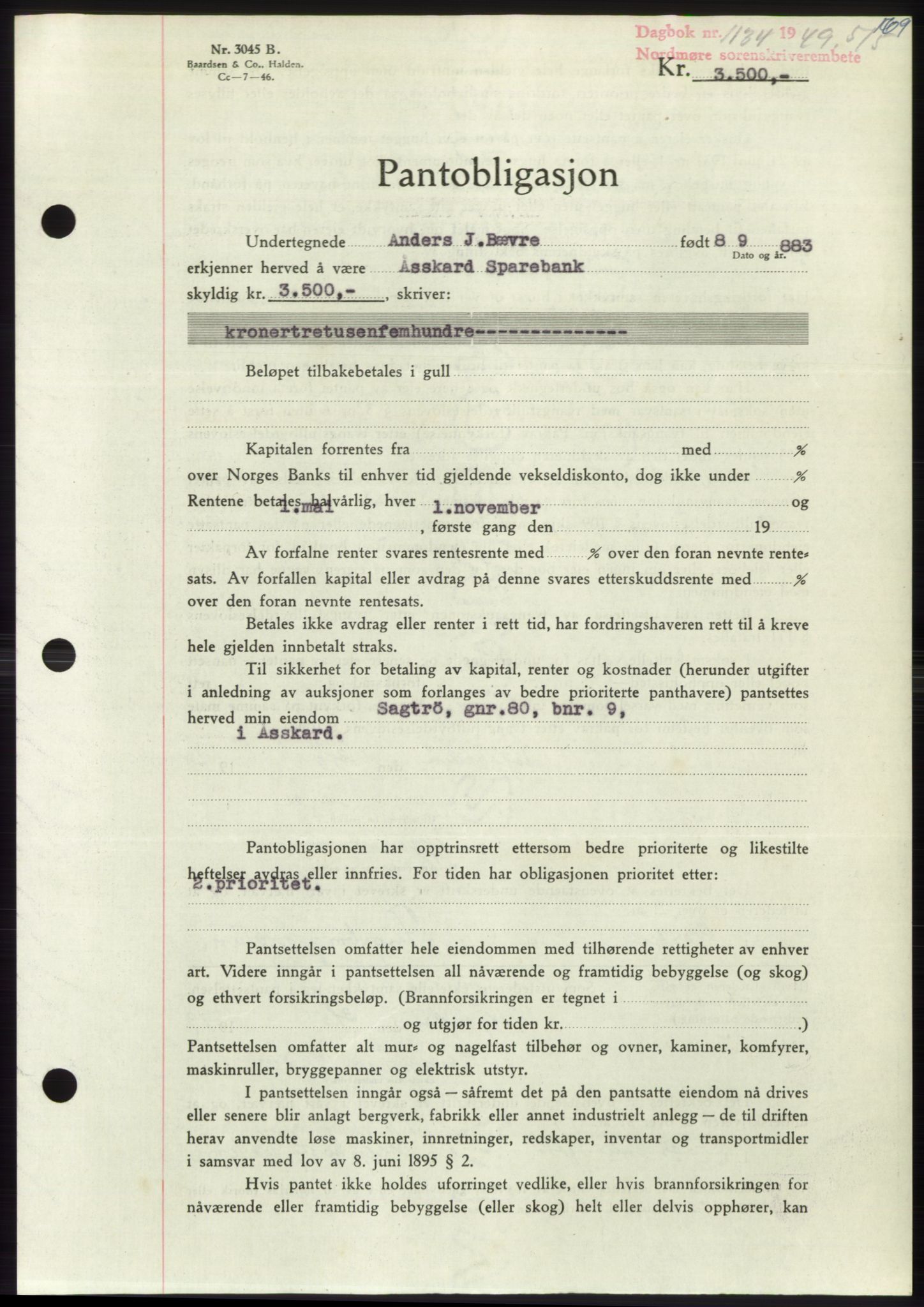 Nordmøre sorenskriveri, SAT/A-4132/1/2/2Ca: Pantebok nr. B101, 1949-1949, Dagboknr: 1134/1949