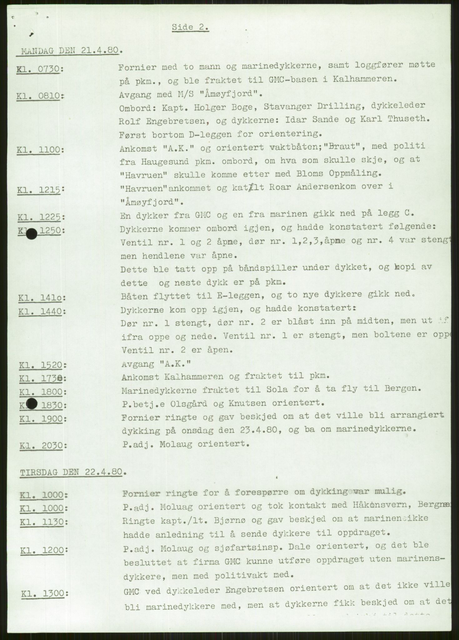 Justisdepartementet, Granskningskommisjonen ved Alexander Kielland-ulykken 27.3.1980, RA/S-1165/D/L0006: A Alexander L. Kielland (Doku.liste + A3-A6, A11-A13, A18-A20-A21, A23, A31 av 31)/Dykkerjournaler, 1980-1981, s. 655