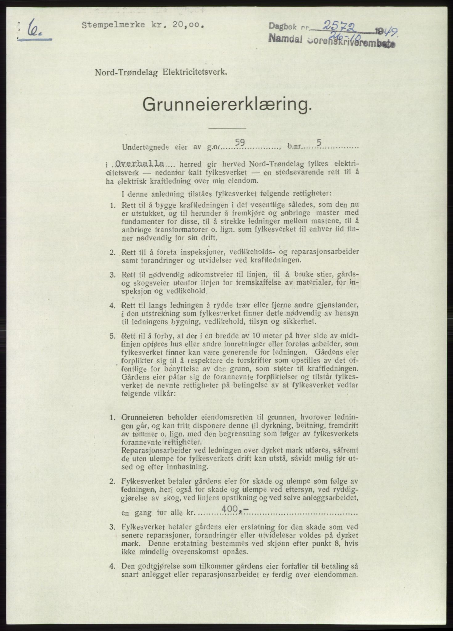 Namdal sorenskriveri, SAT/A-4133/1/2/2C: Pantebok nr. -, 1949-1949, Dagboknr: 2572/1949