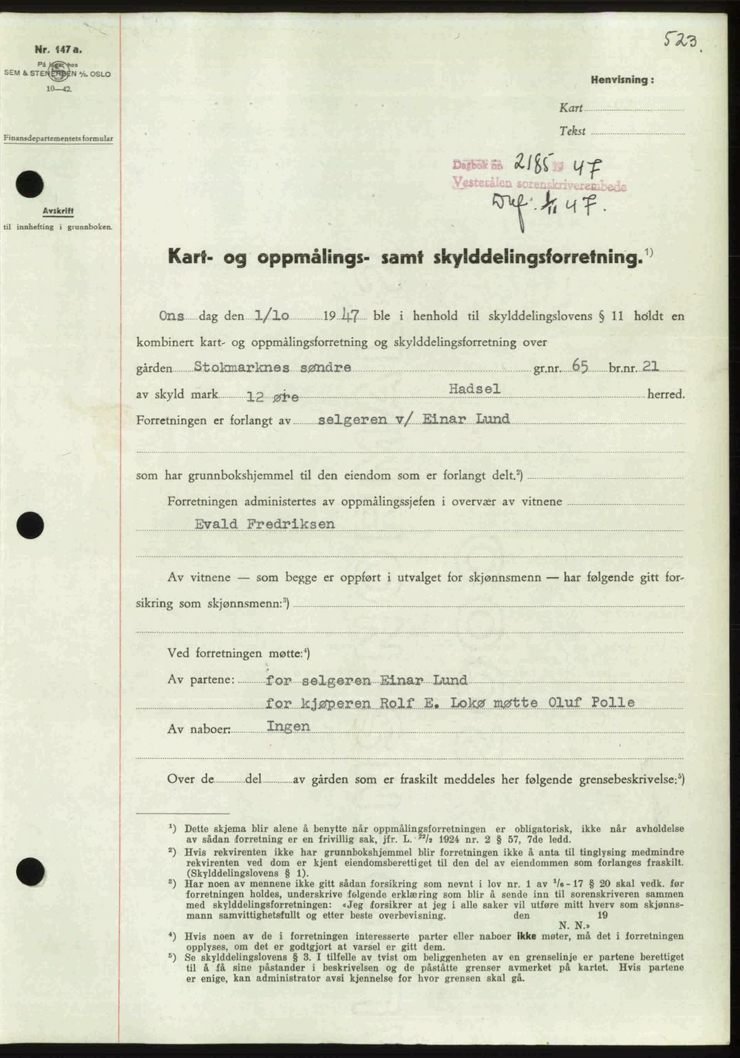 Vesterålen sorenskriveri, SAT/A-4180/1/2/2Ca: Pantebok nr. A21, 1947-1947, Dagboknr: 2185/1947