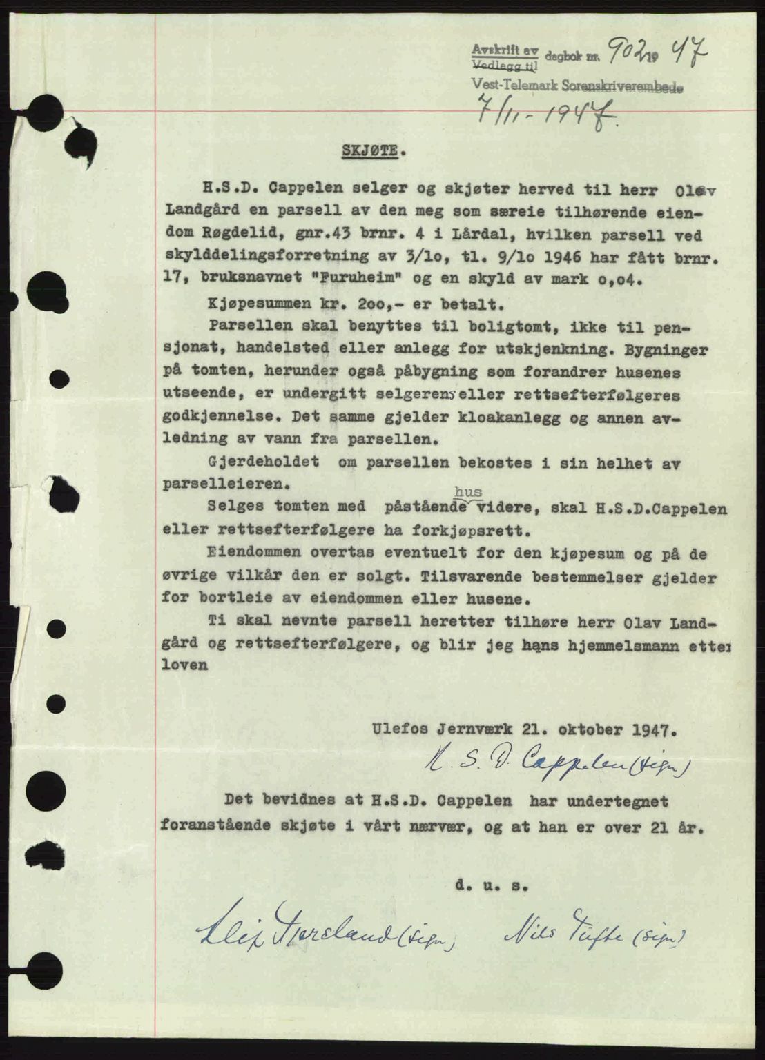 Vest-Telemark sorenskriveri, SAKO/A-134/G/Ga/Gac/L0008: Pantebok nr. A-8, 1947-1948, Dagboknr: 902/1947